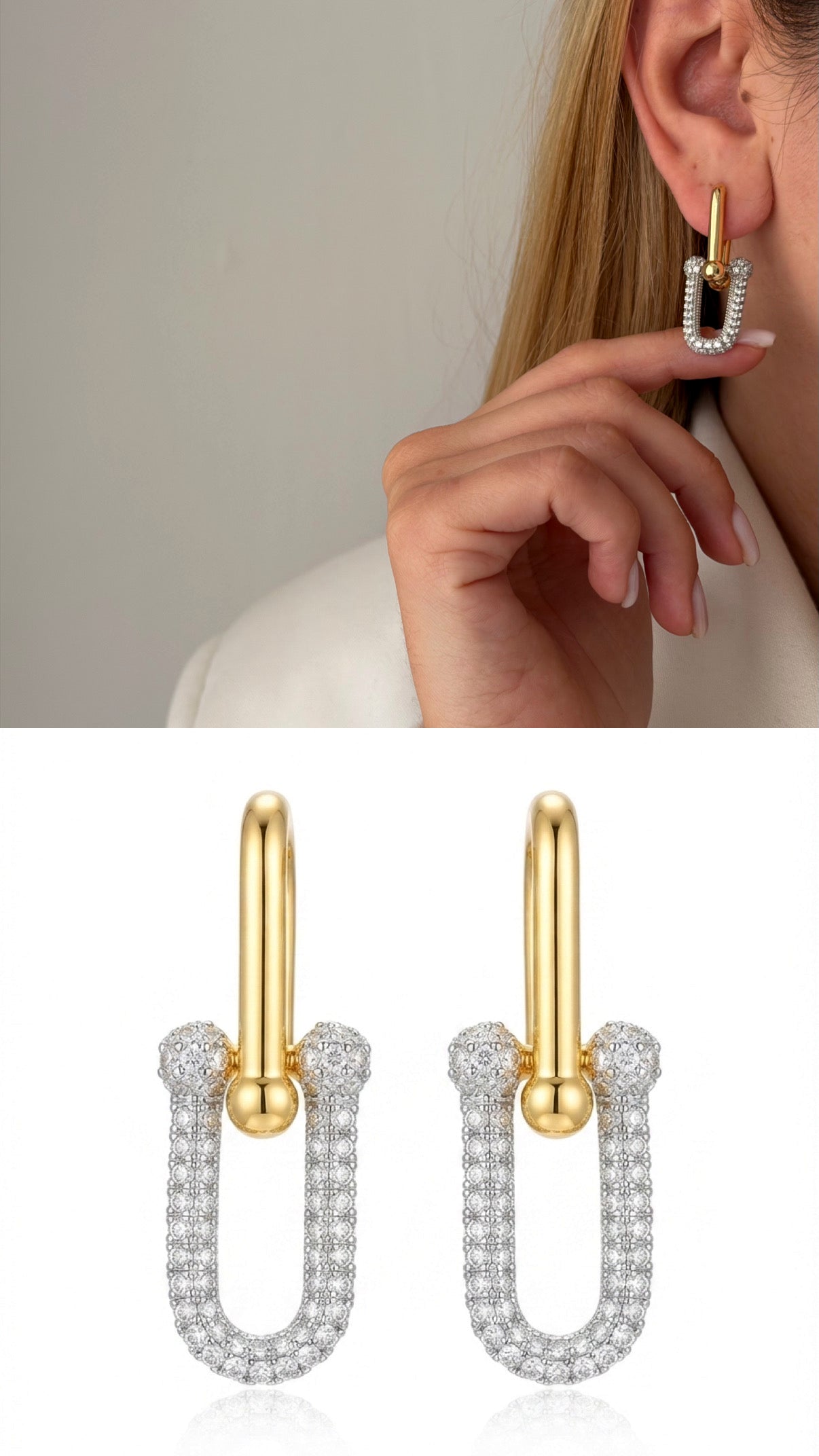 Two Tone Cz Pave Chunky U Link Hardware Statement Earrings wholesale jewelry VIP 14K EARRINGS  Catwalk Jewellery Europe