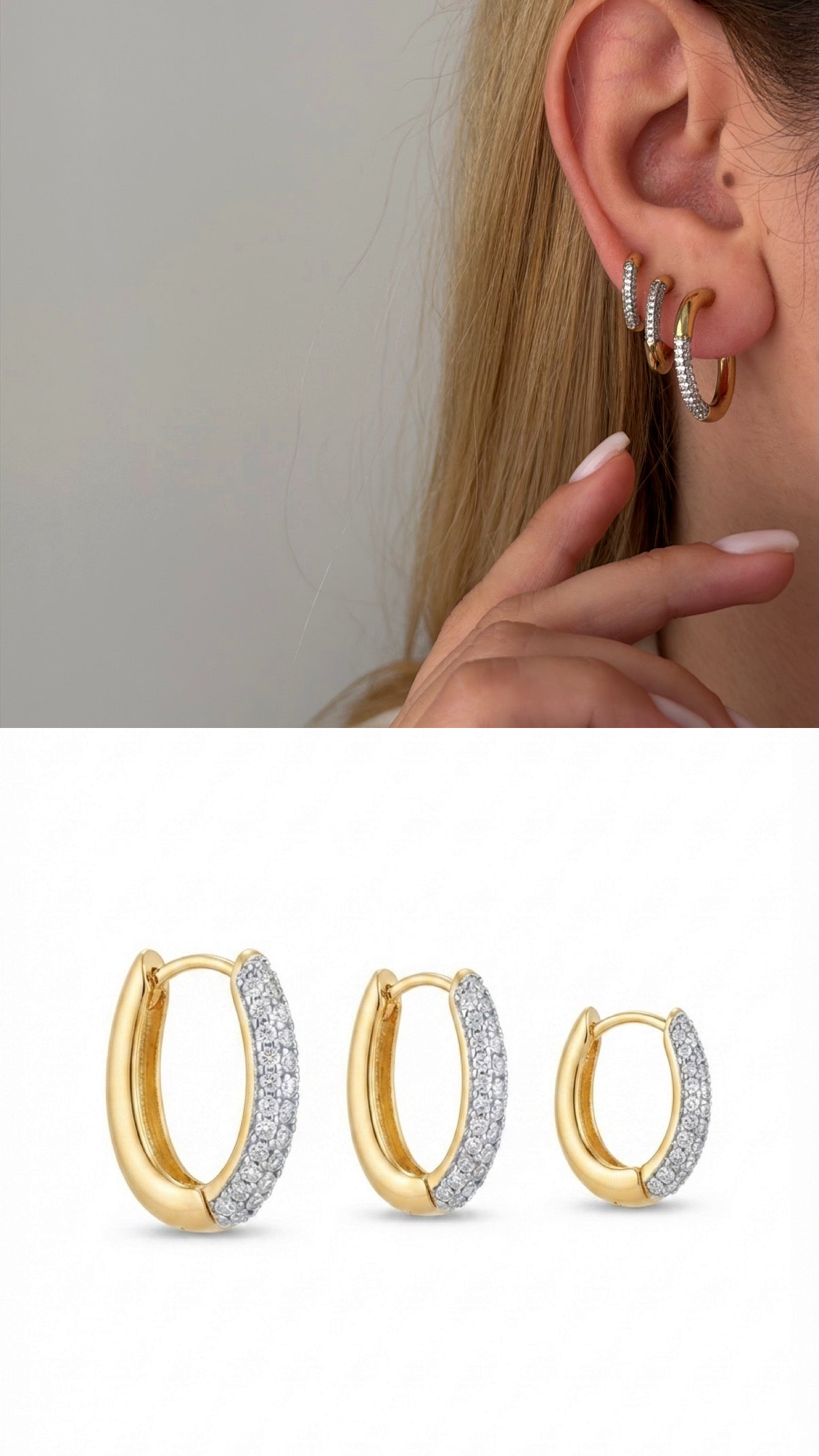 Gold Cz Pave Oval Huggie Hoop Graduated Set Of 3 wholesale jewelry VIP 14K EARRINGS  Catwalk Jewellery Europe