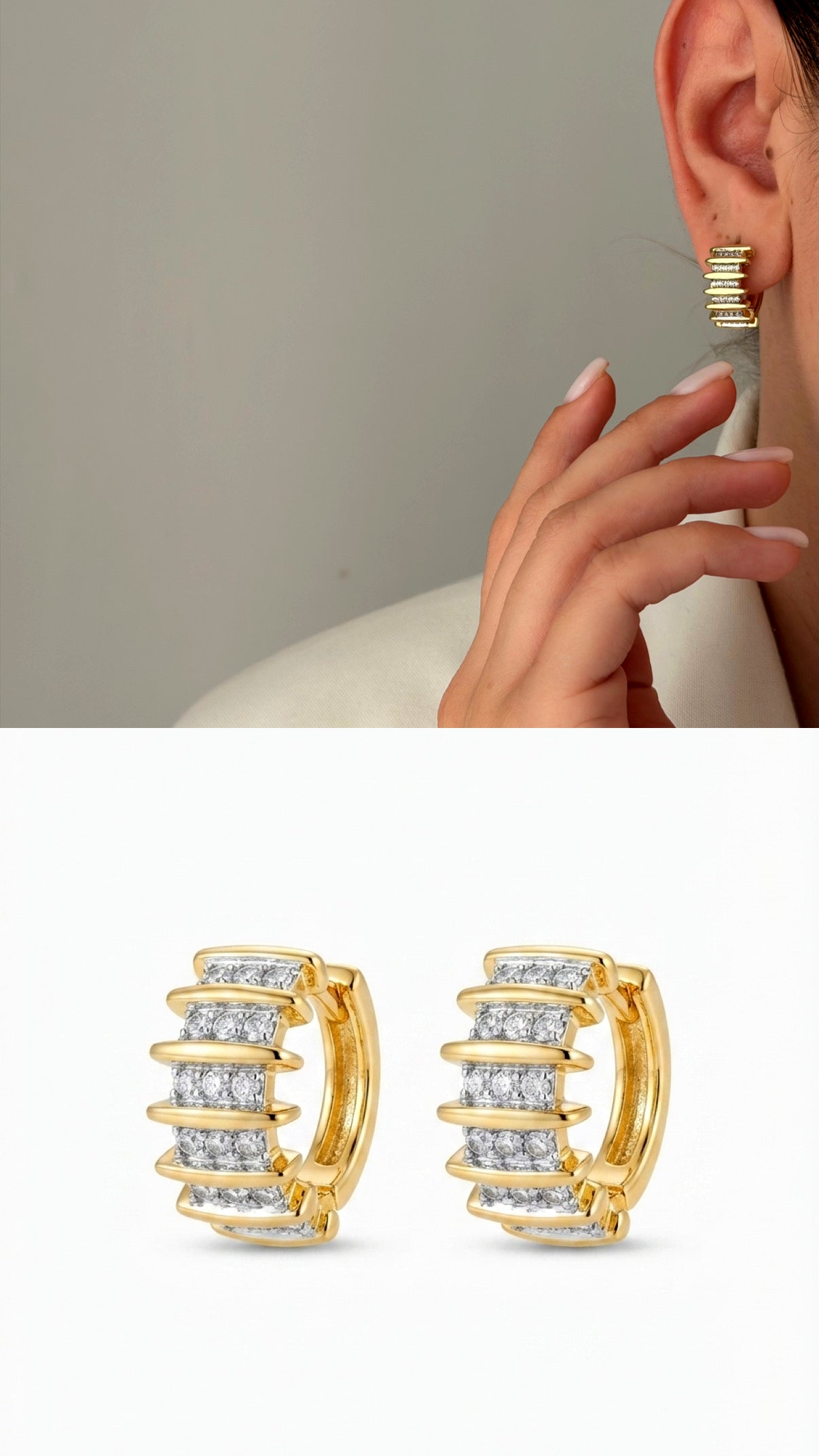 Gold Cz Pave Ribbed Ladder C Hoop Stud Earrings wholesale jewelry VIP 14K EARRINGS  Catwalk Jewellery Europe