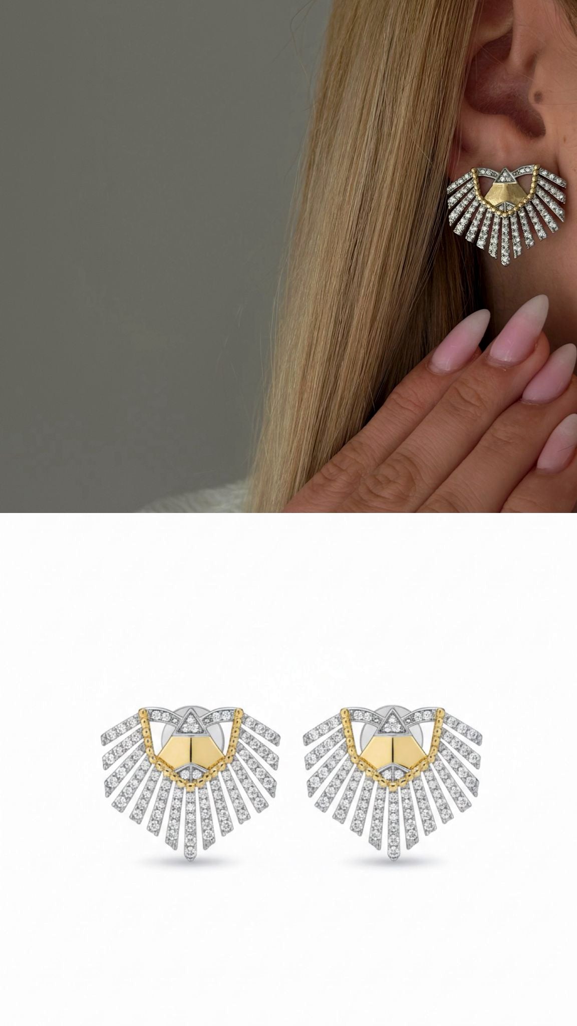 Two Tone Geometric Sunburst Fan Cz Pave Curated Maximalism Statement Earrings wholesale jewelry VIP 14K EARRINGS  Catwalk Jewellery Europe
