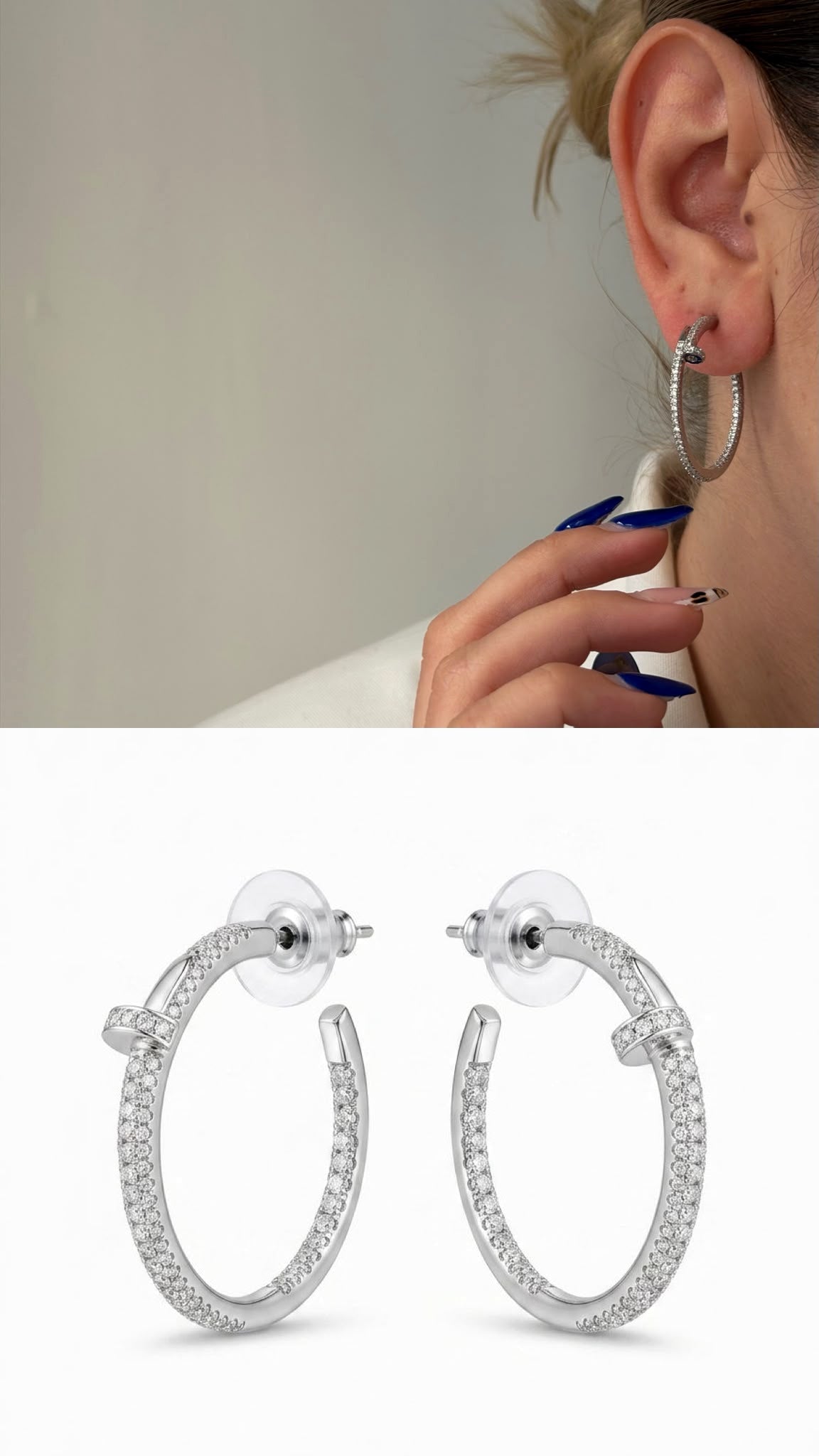 Silver Cz Pave Nail Motif C Hoop Edgy Statement Earrings wholesale jewelry VIP 14K EARRINGS  Catwalk Jewellery Europe