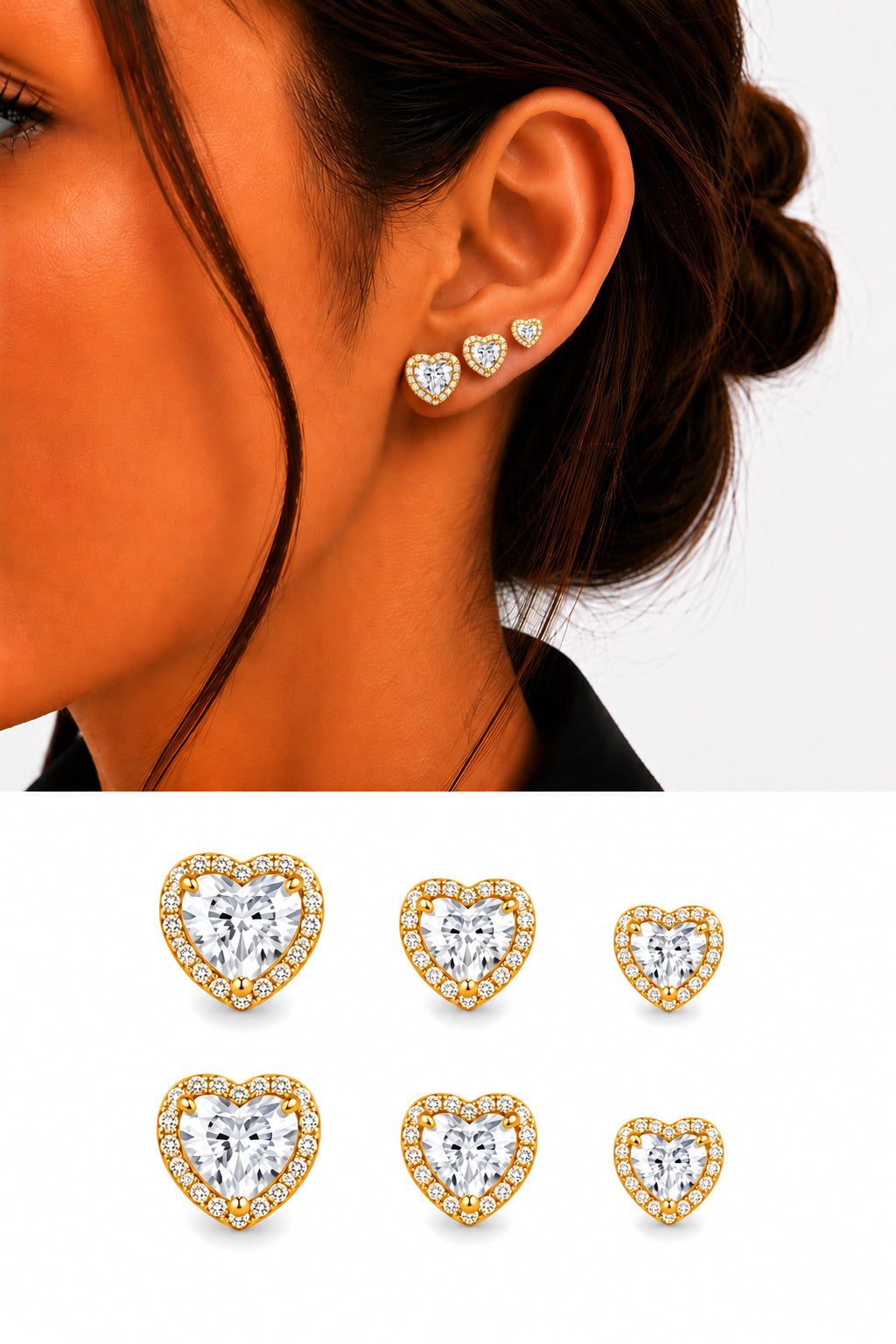 Gold Cz Pave Heart Cut Halo Graduated Stud Earring Set Of 3 wholesale jewelry VIP 14K EARRINGS  Catwalk Jewellery Europe
