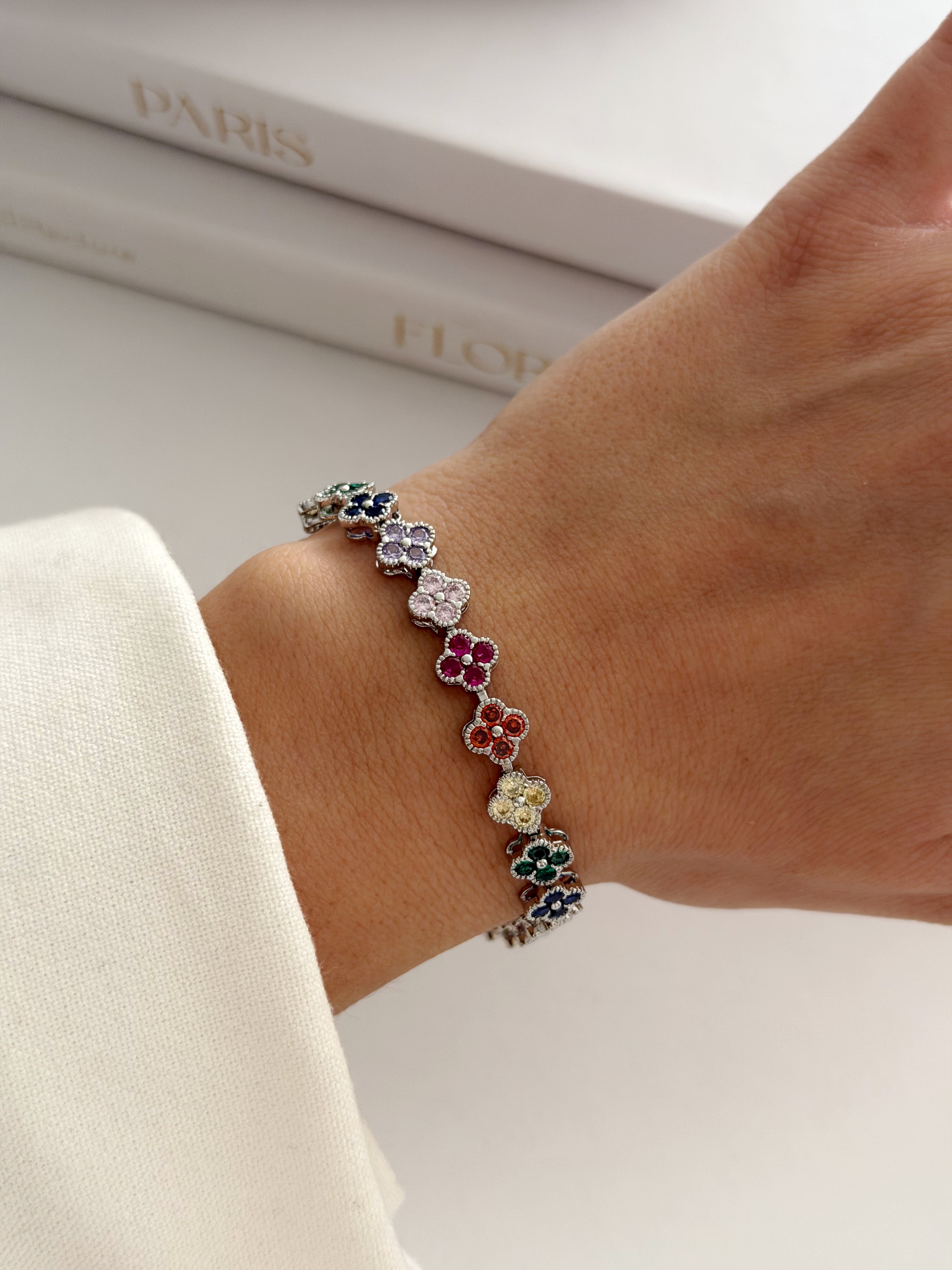 Silver Multi Color Cz Pave Clover Motif Tennis Bracelet wholesale jewelry BRACELETS  Catwalk Jewellery Europe
