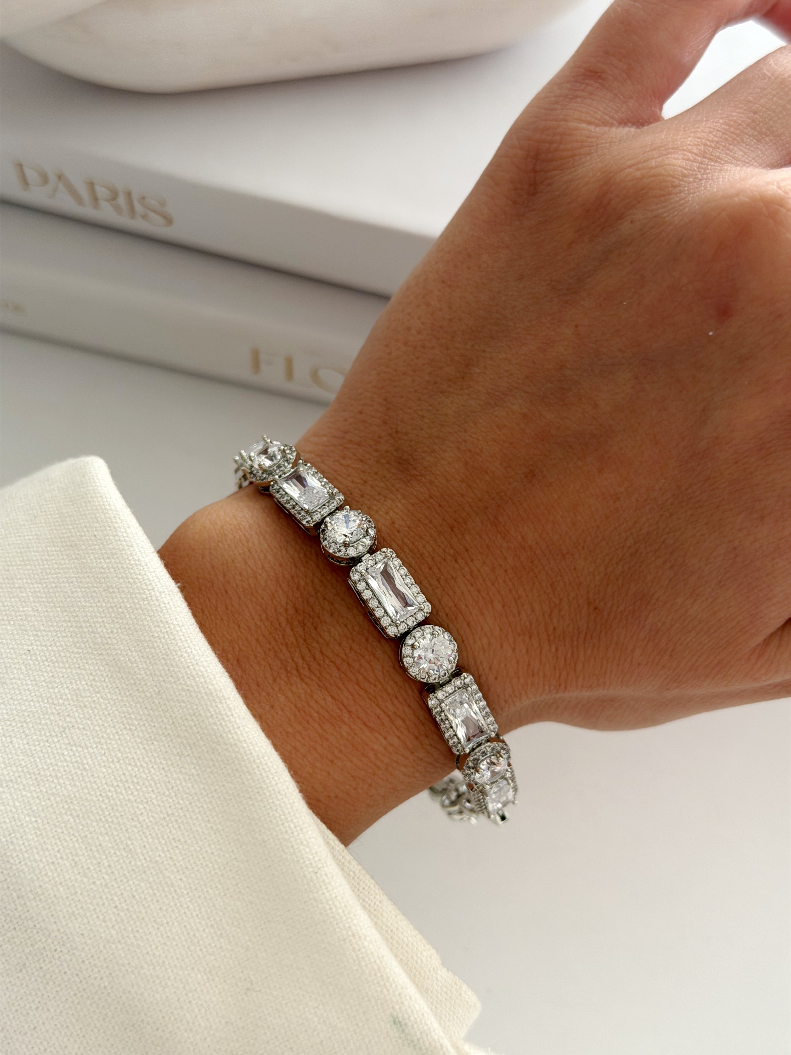 Silver Cz Pave Alternating Emerald And Round Halo Link Bracelet wholesale jewelry BRACELETS  Catwalk Jewellery Europe