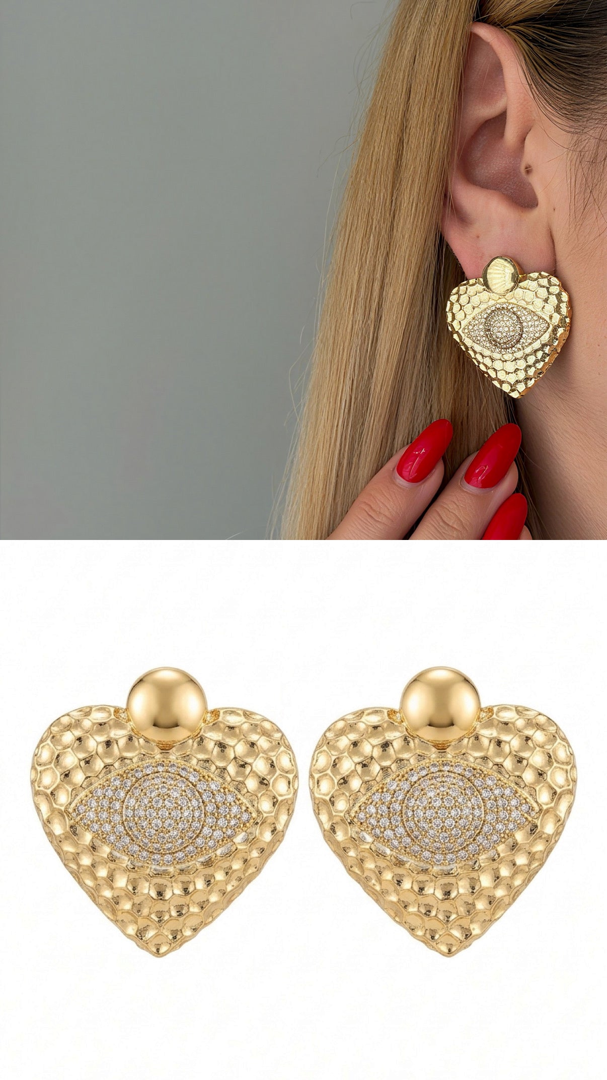 Gold Hammered Texture Heart Shape Cz Pave Evil Eye Center Bold Statement Earrings wholesale jewelry VIP 14K EARRINGS  Catwalk Jewellery Europe