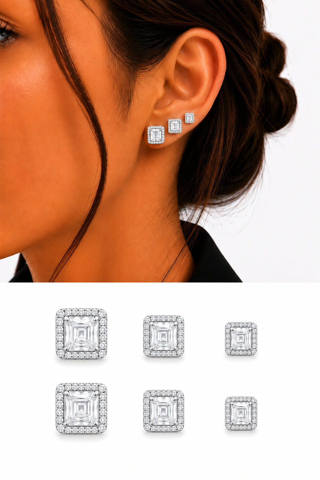 Silver Clear Square Cut Cz Halo Graduated Stud Earring Set Of 3 wholesale jewelry VIP 14K EARRINGS  Catwalk Jewellery Europe