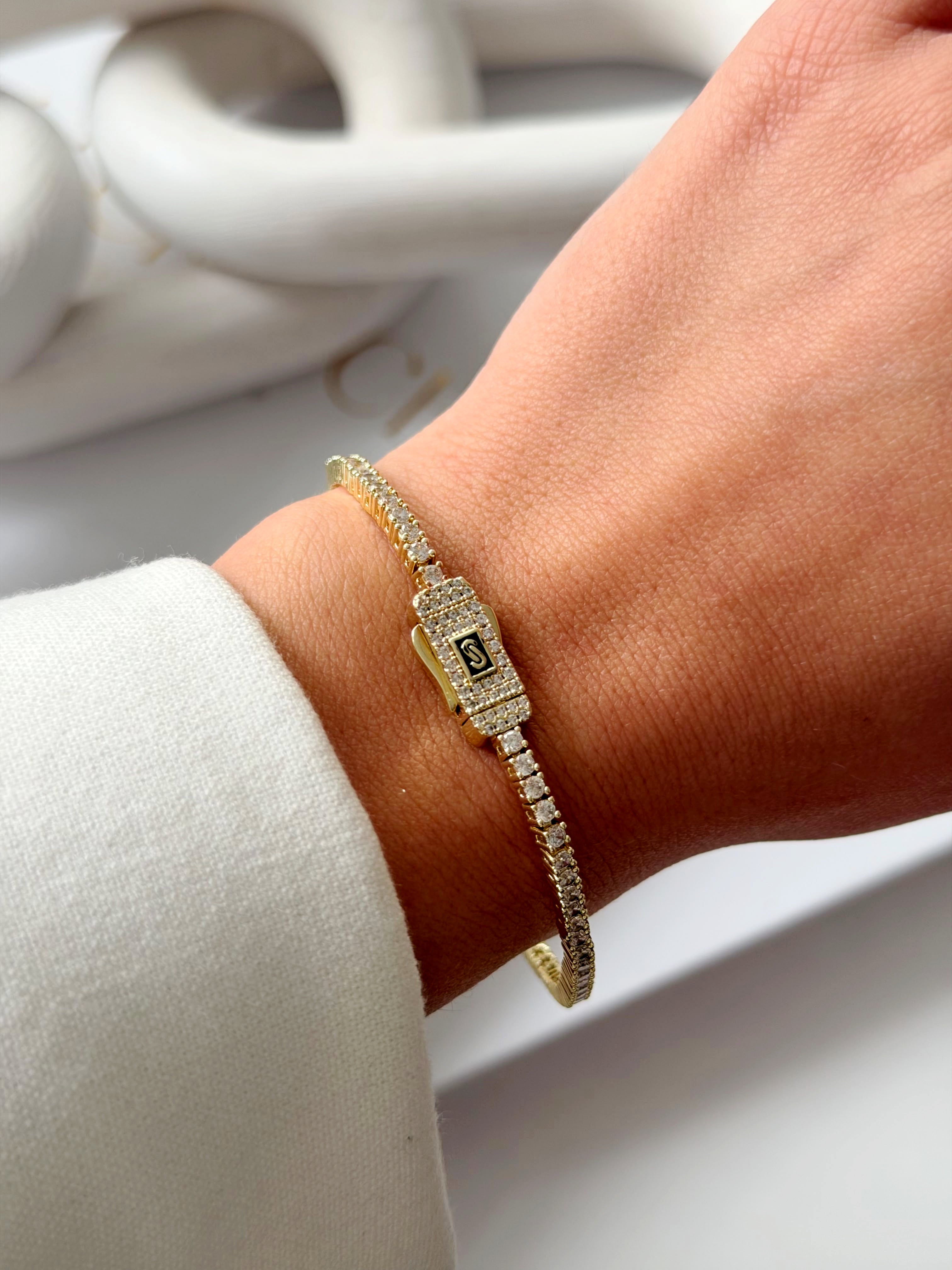 Gold Delicate Round Cz Tennis Bracelet Pave Buckle Clasp wholesale jewelry BRACELETS  Catwalk Jewellery Europe