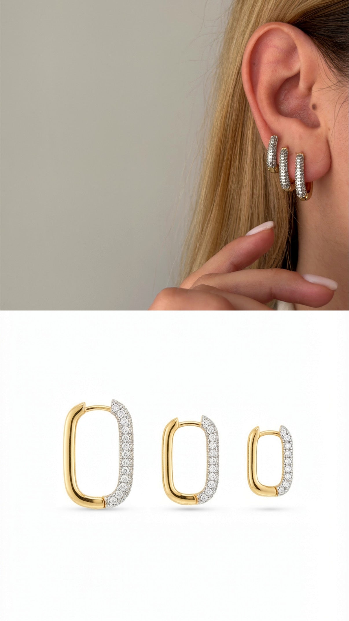 Gold Cz Pave Rectangular Link Huggie Hoop Graduated Set Of 3 wholesale jewelry VIP 14K EARRINGS  Catwalk Jewellery Europe