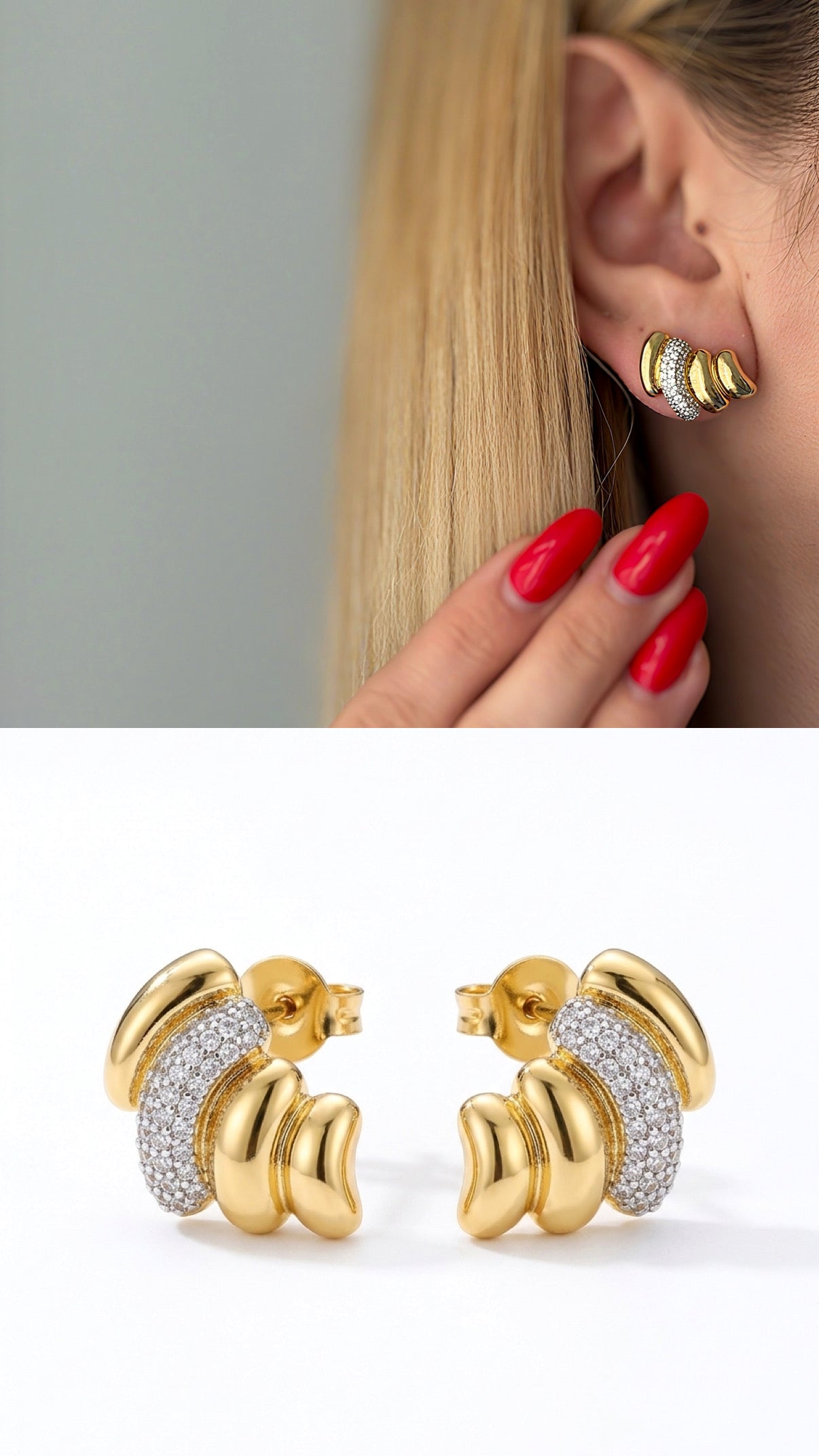 Gold Chunky Ribbed Cz Pave C Hoop Stud Earrings wholesale jewelry VIP 14K EARRINGS  Catwalk Jewellery Europe