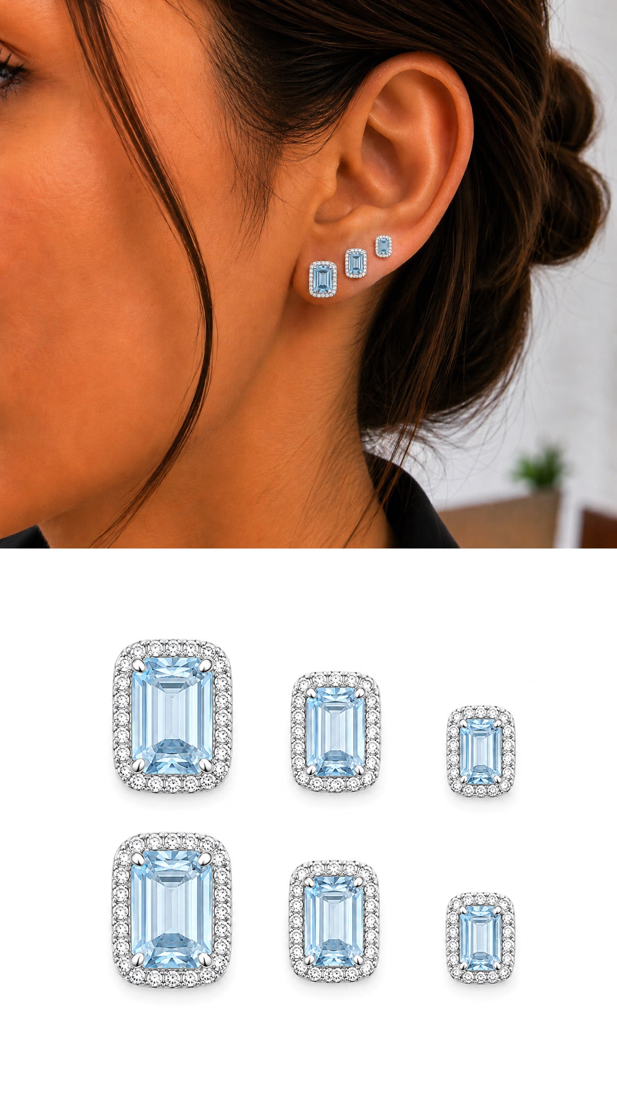 Silver Aquamarine Blue Emerald Cut Cz Halo Graduated Stud Earring Set Of 3 wholesale jewelry VIP 14K EARRINGS  Catwalk Jewellery Europe