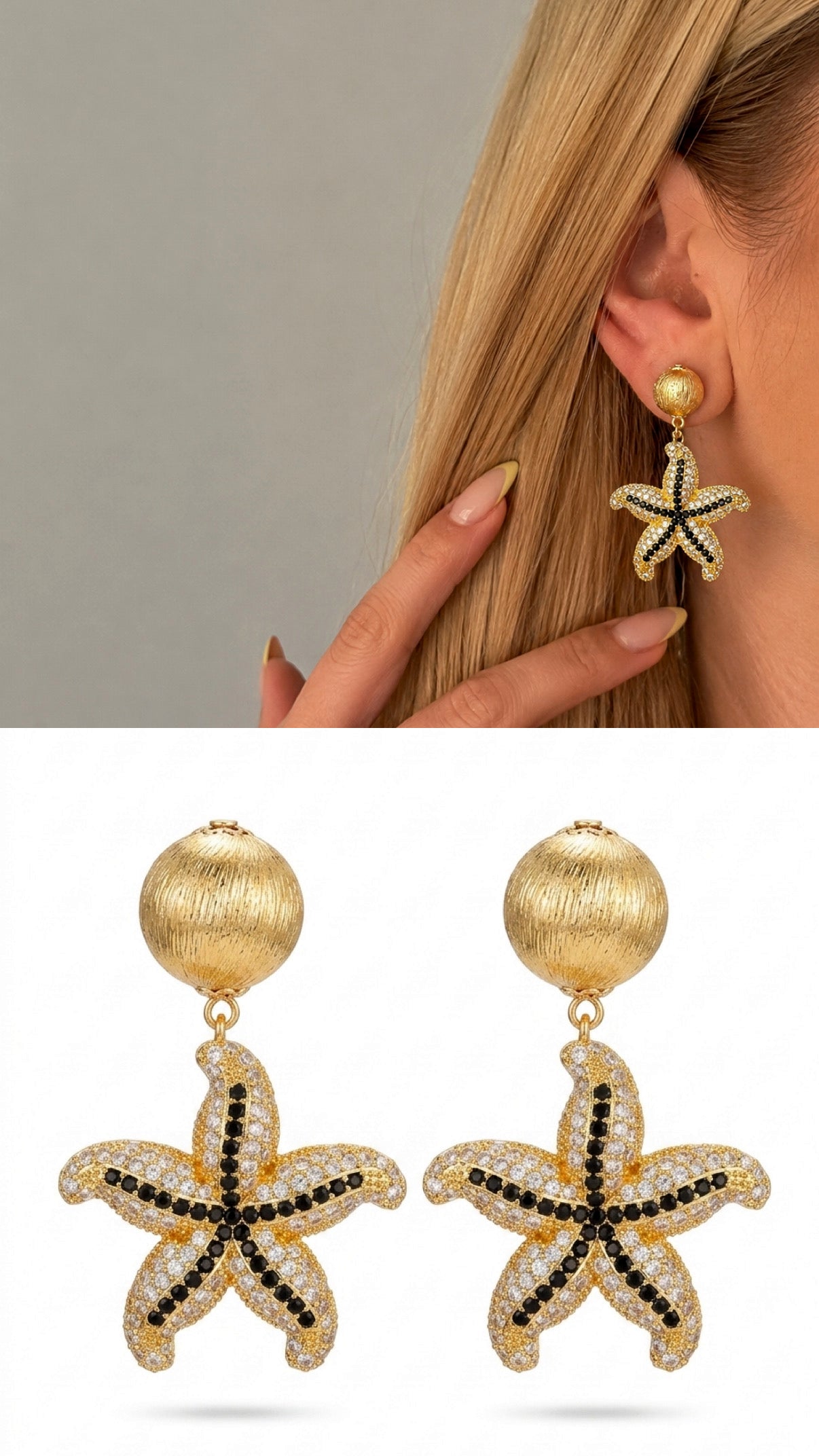Gold Sculptural Starfish Motif Cz Pave Dangle Statement Earrings wholesale jewelry VIP 14K EARRINGS  Catwalk Jewellery Europe