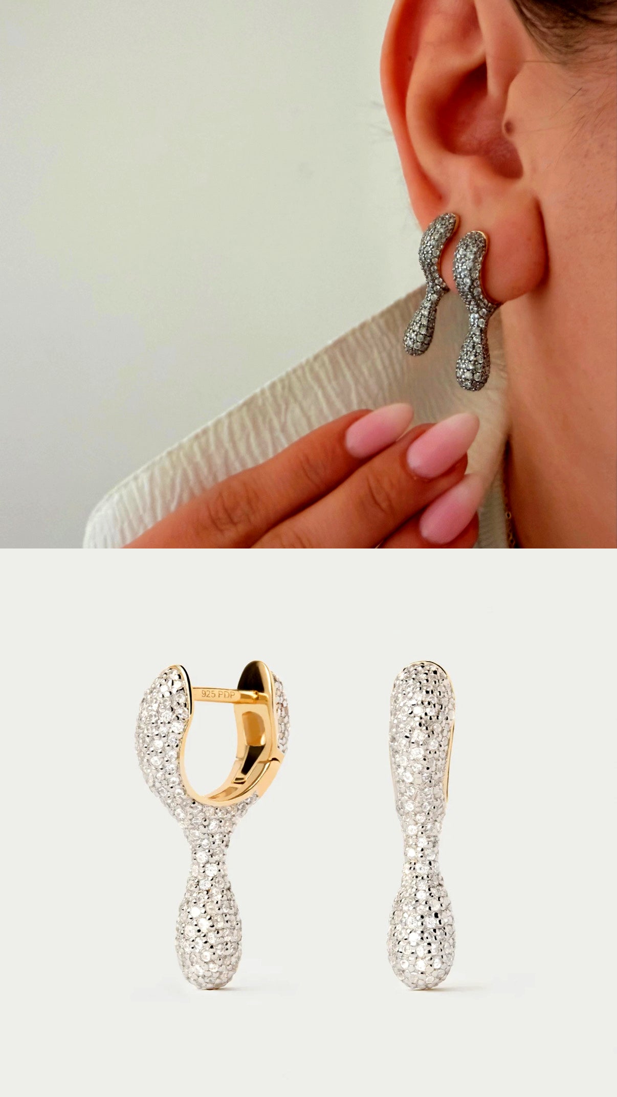 Two Tone Cz Pave Sculptural Teardrop Dangle Huggie Hoop Earrings wholesale jewelry VIP 14K EARRINGS  Catwalk Jewellery Europe