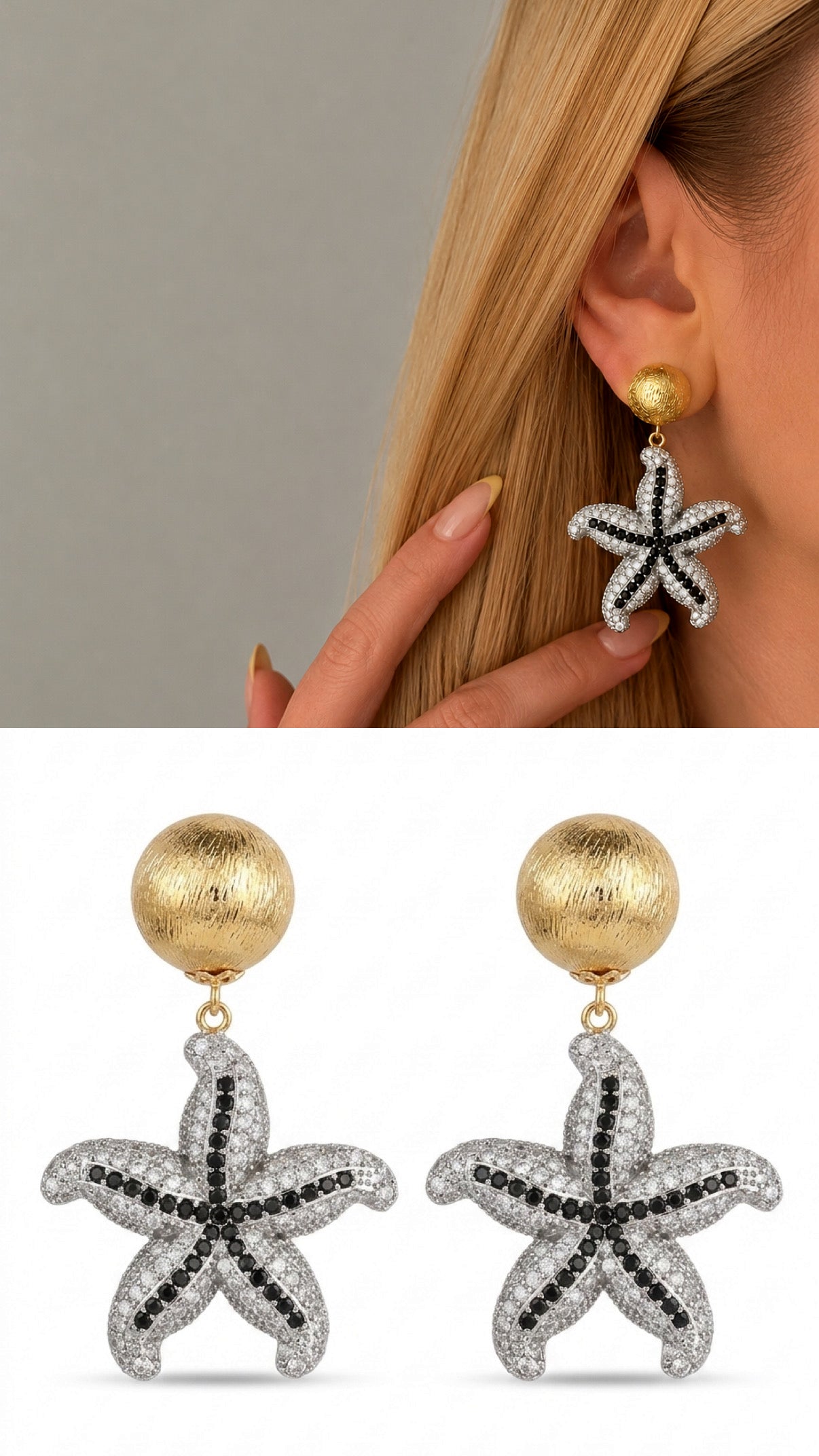 Two Tone Sculptural Starfish Motif Cz Pave Dangle Statement Earrings wholesale jewelry VIP 14K EARRINGS  Catwalk Jewellery Europe
