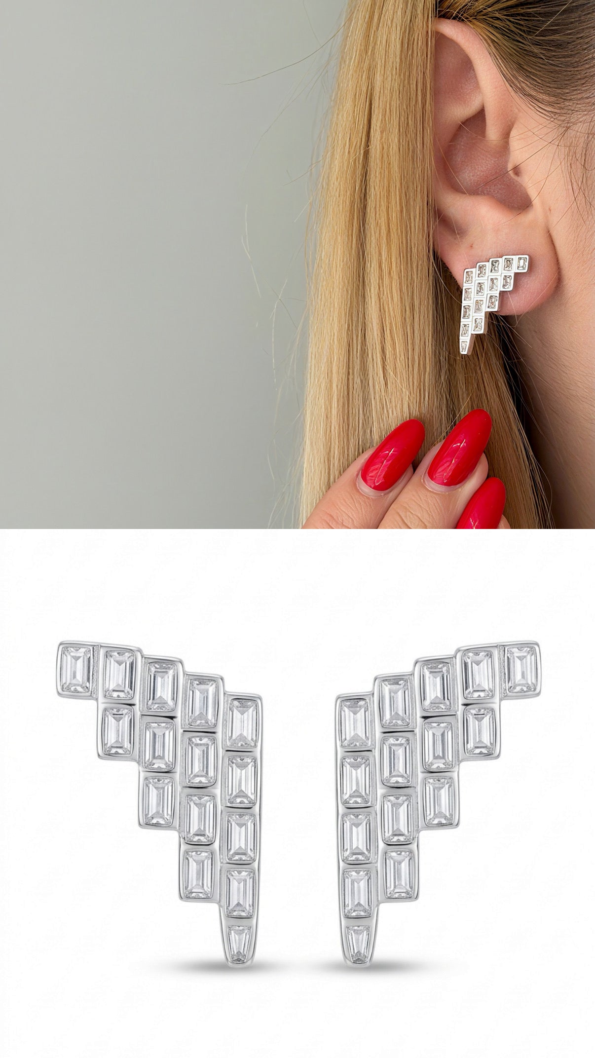 Silver Emerald Cut Cz Geometric Staircase Ear Climber Earrings wholesale jewelry VIP 14K EARRINGS  Catwalk Jewellery Europe