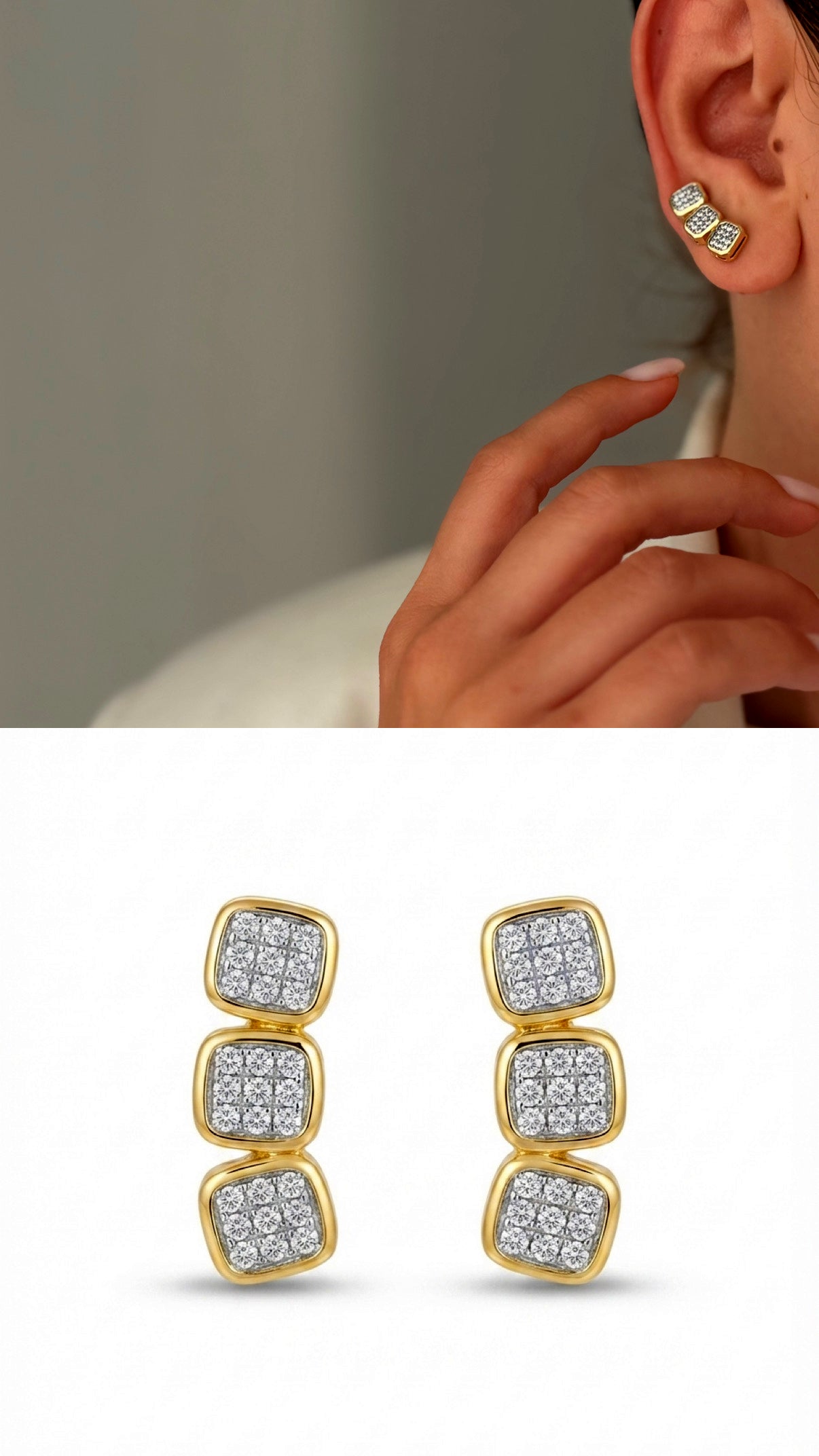 Two Tone Cz Pave Triple Cushion Square Stud Earrings wholesale jewelry VIP 14K EARRINGS  Catwalk Jewellery Europe