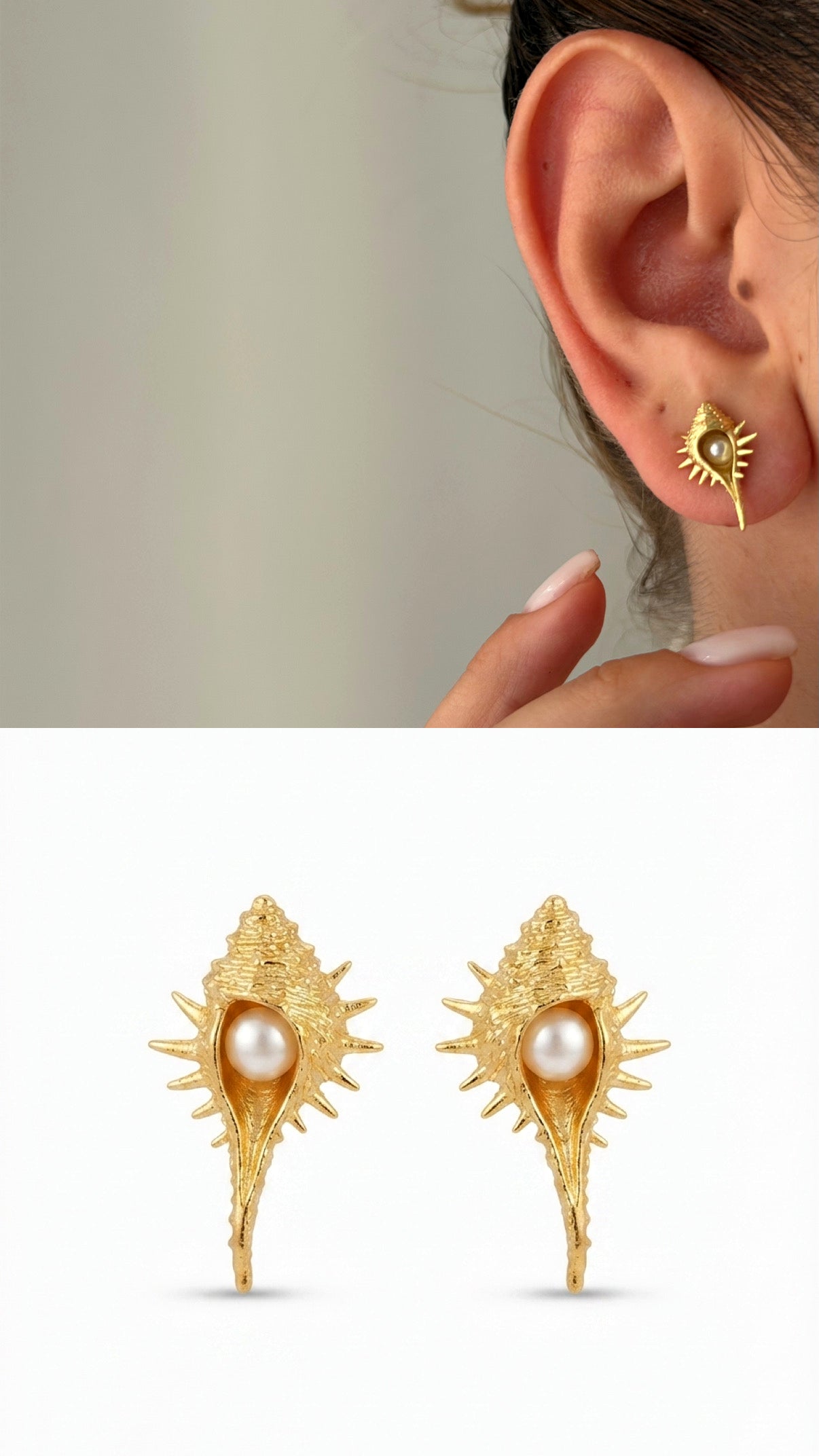 Gold Textured Spiked Conch Shell Pearl Stud Earrings wholesale jewelry VIP 14K EARRINGS  Catwalk Jewellery Europe