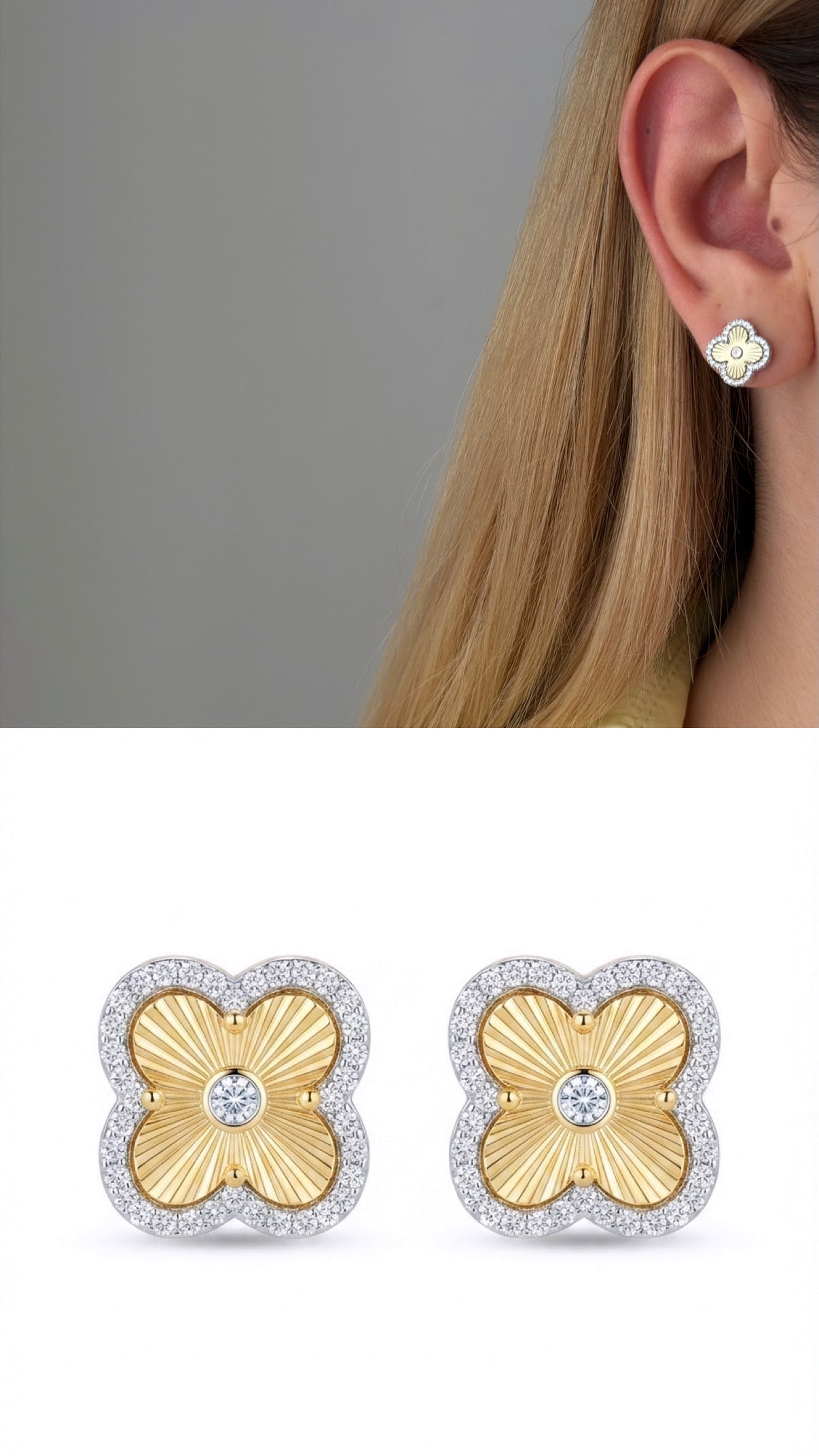 Two Tone Cz Pave Sunburst Clover Stud Earrings wholesale jewelry VIP 14K EARRINGS  Catwalk Jewellery Europe