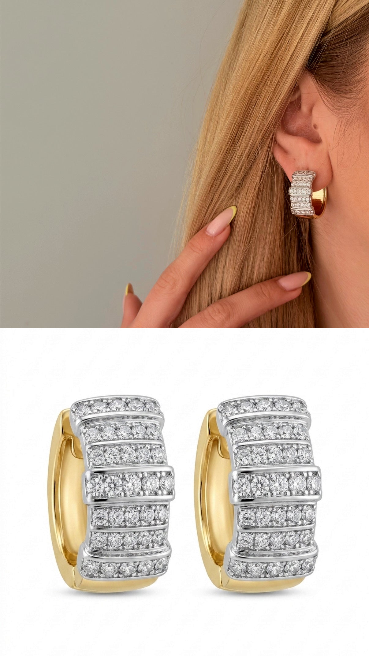 Two Tone Chunky Power Dressing Hoops Ribbed Cz Pave Curated Maximalism Statement Earrings wholesale jewelry VIP 14K EARRINGS  Catwalk Jewellery Europe