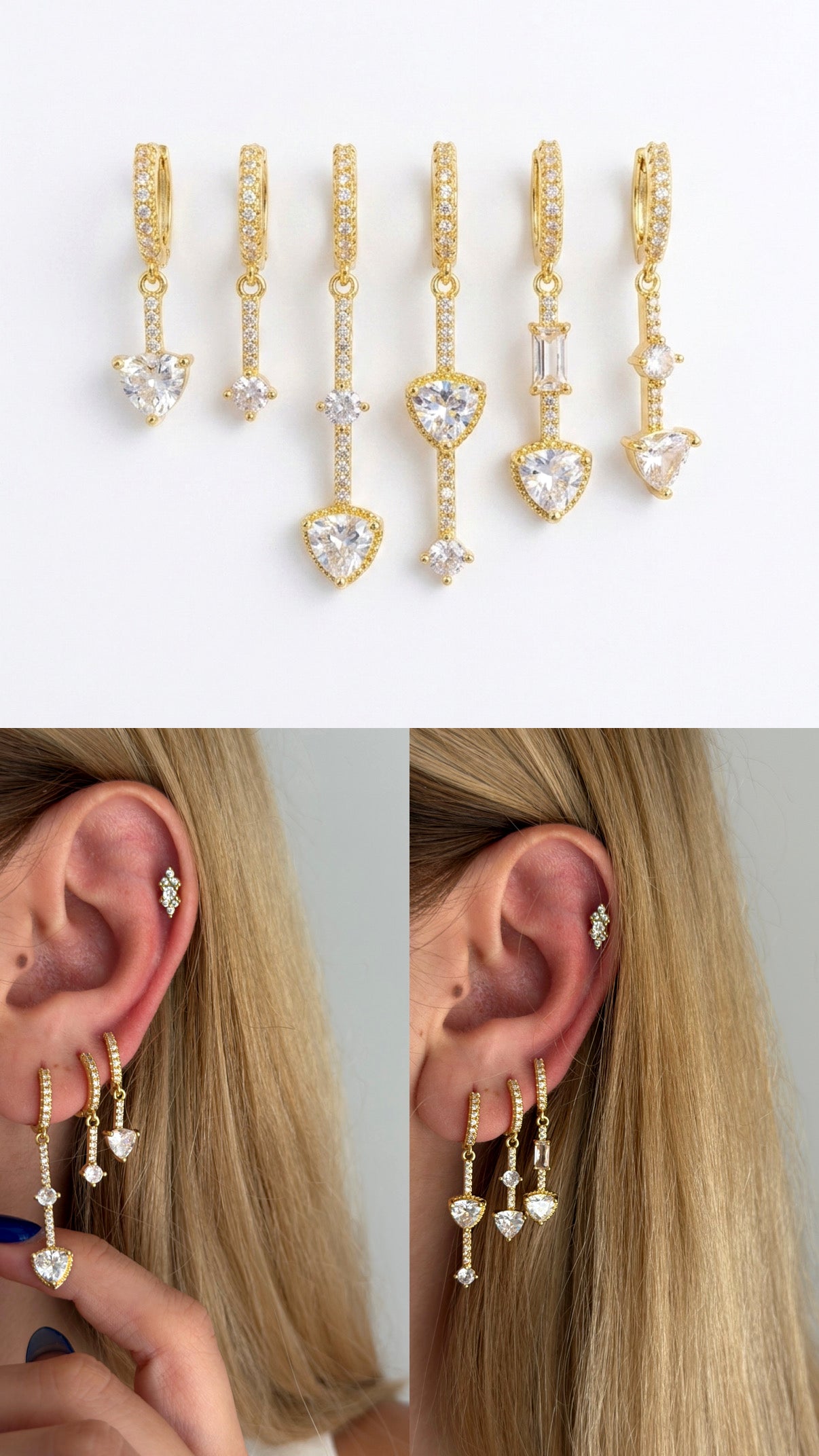 Gold Cz Pave Heart Cut Halo Dangle Huggie Hoop Graduated Set Of 3 wholesale jewelry VIP 14K EARRINGS  Catwalk Jewellery Europe