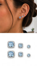 Silver Aquamarine Blue Cushion Cut Cz Halo Graduated Stud Earring Set Of 3 wholesale jewelry VIP 14K EARRINGS  Catwalk Jewellery Europe