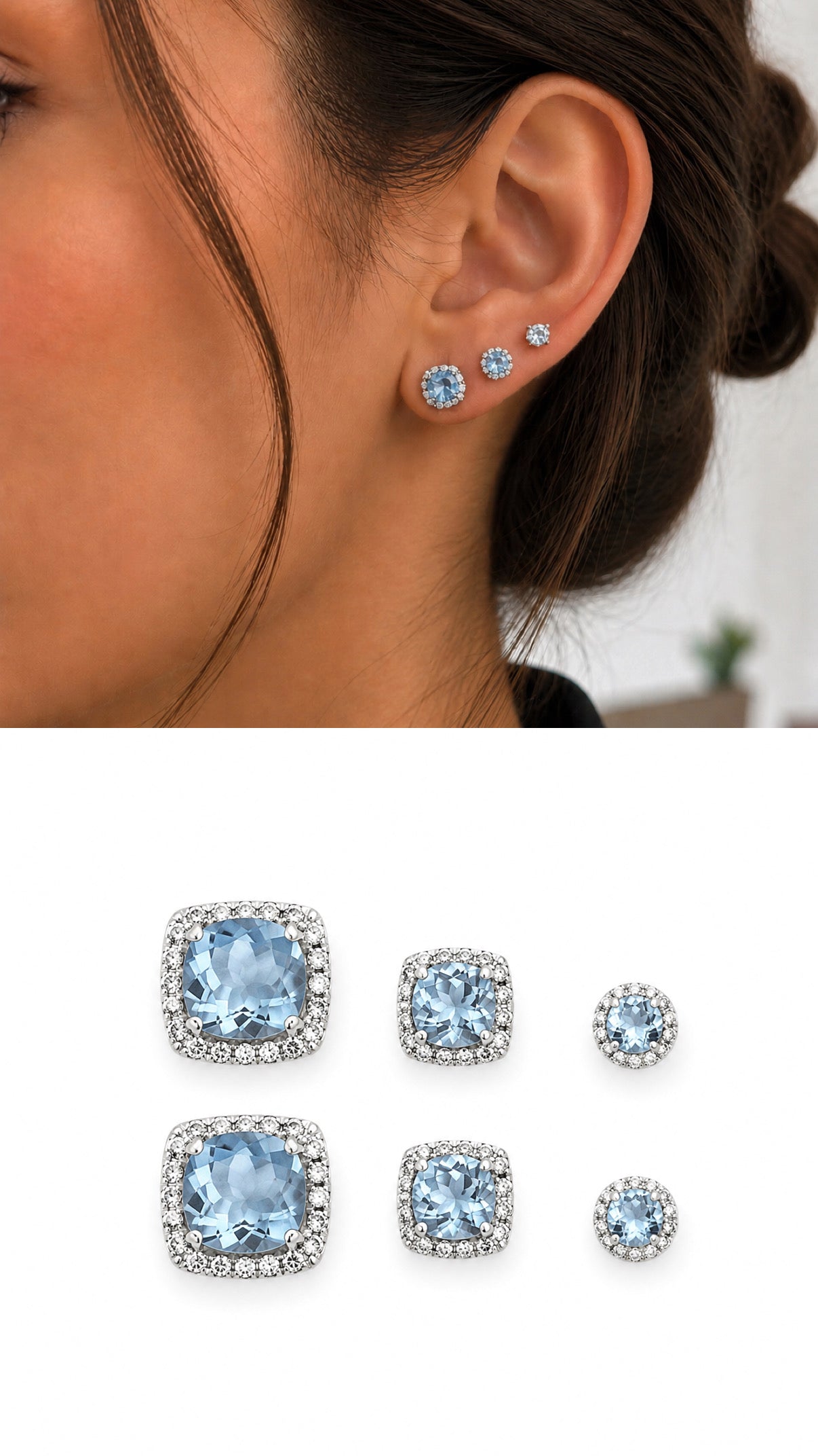 Silver Aquamarine Blue Cushion Cut Cz Halo Graduated Stud Earring Set Of 3 wholesale jewelry VIP 14K EARRINGS  Catwalk Jewellery Europe