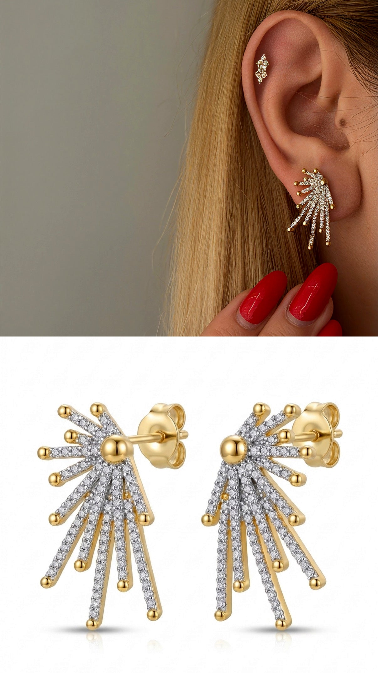 Gold Cz Pave Beaded Starburst Spray Ear Jacket Earrings wholesale jewelry VIP 14K EARRINGS  Catwalk Jewellery Europe