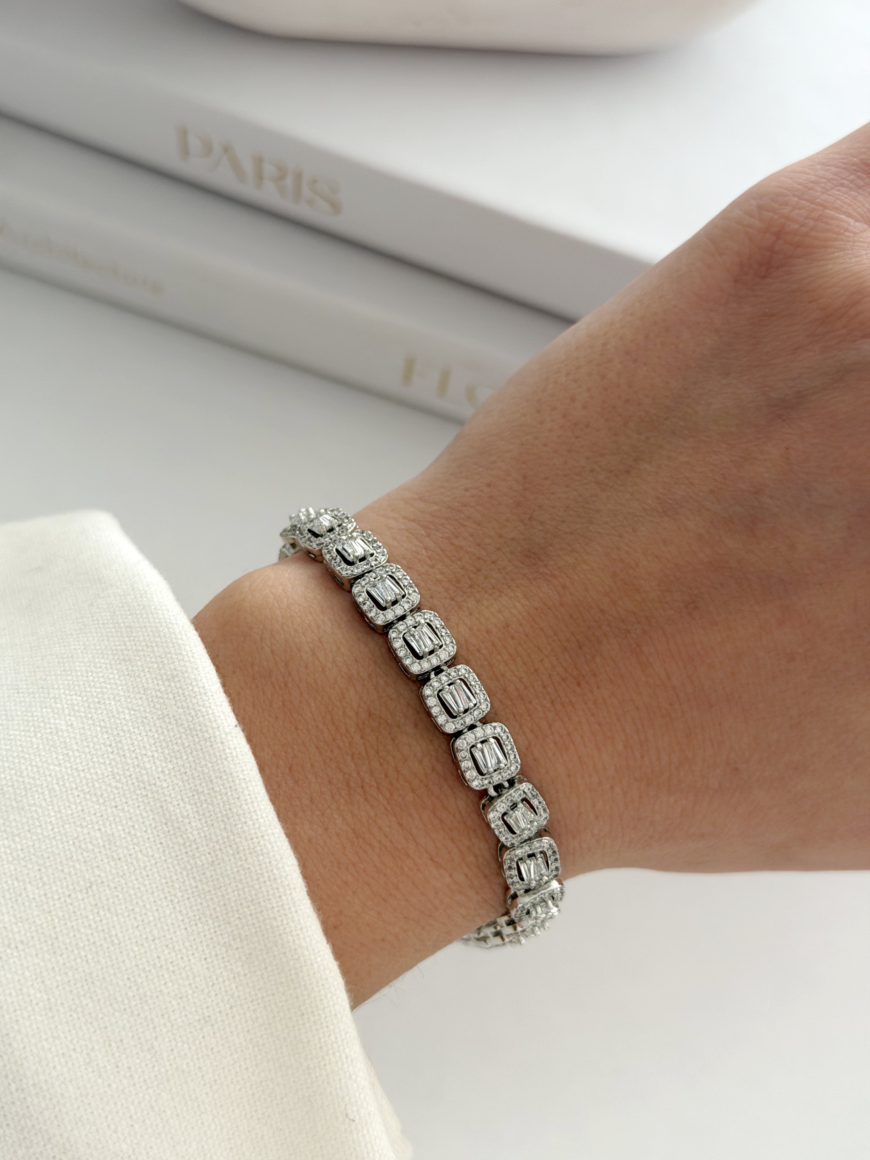 Silver Emerald Cut Cz Halo Tennis Bracelet wholesale jewelry BRACELETS  Catwalk Jewellery Europe