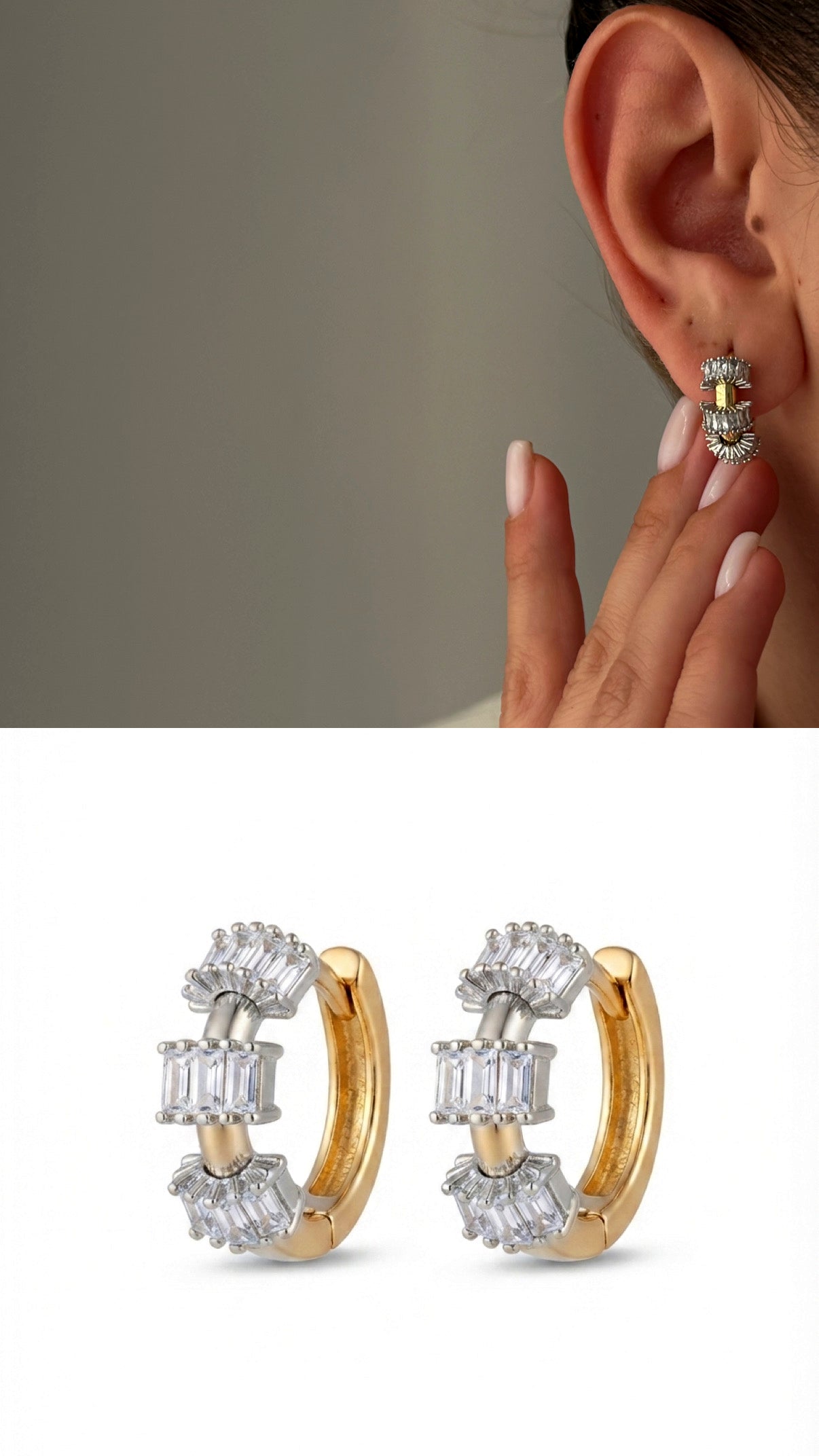 Two Tone Baguette Cz Cluster Accent C Hoop Statement Earrings wholesale jewelry VIP 14K EARRINGS  Catwalk Jewellery Europe