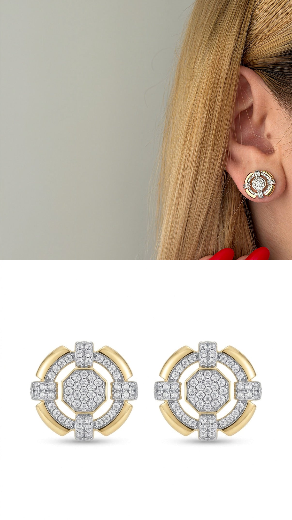 Two Tone Cz Pave Geometric Hexagon Halo Stud Earrings wholesale jewelry VIP 14K EARRINGS  Catwalk Jewellery Europe