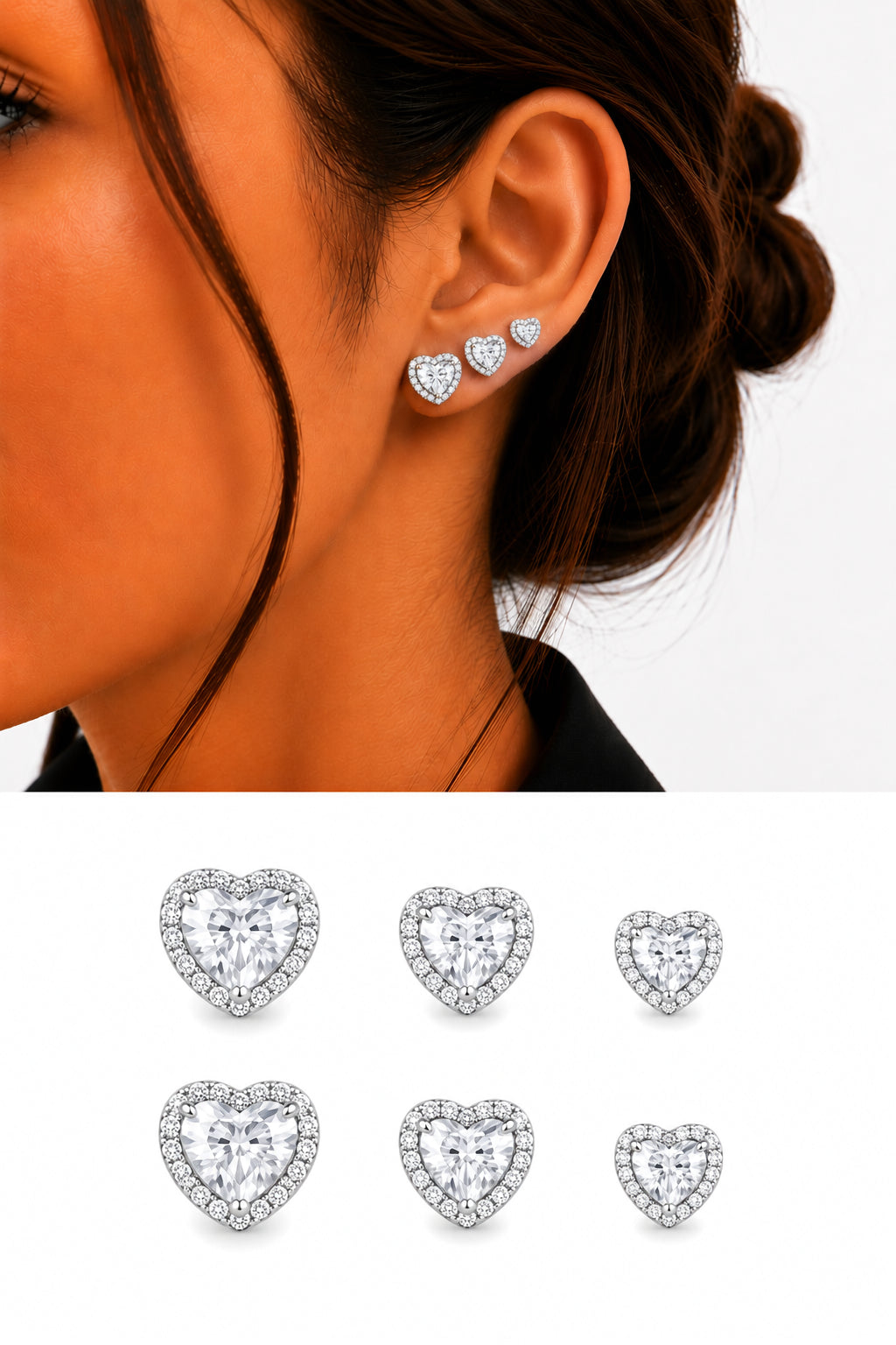 Silver Cz Pave Heart Cut Halo Graduated Stud Earring Set Of 3 wholesale jewelry VIP 14K EARRINGS  Catwalk Jewellery Europe