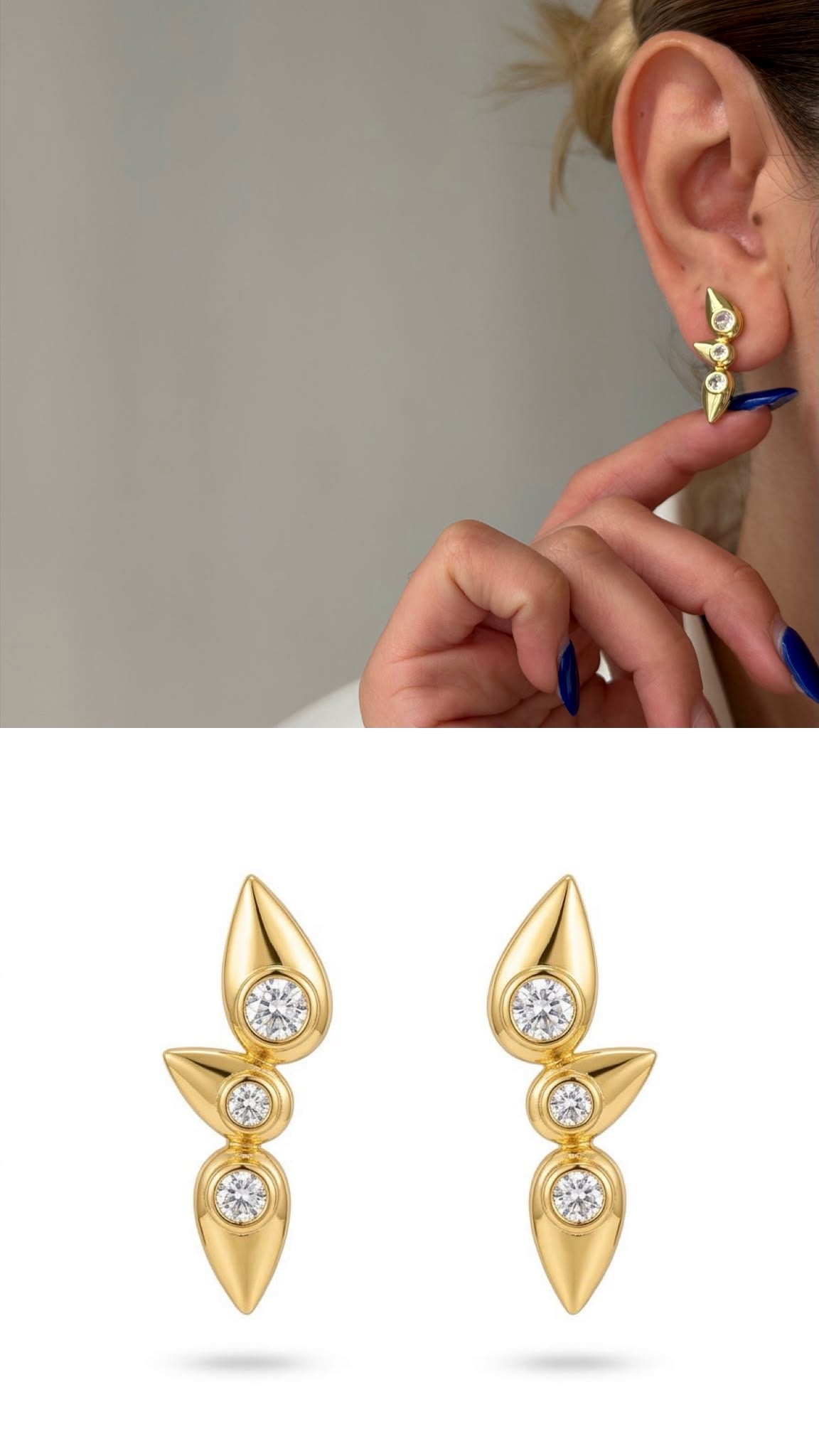 Gold Bezel Cz Geometric Teardrop Ear Climber Earrings wholesale jewelry VIP 14K EARRINGS  Catwalk Jewellery Europe
