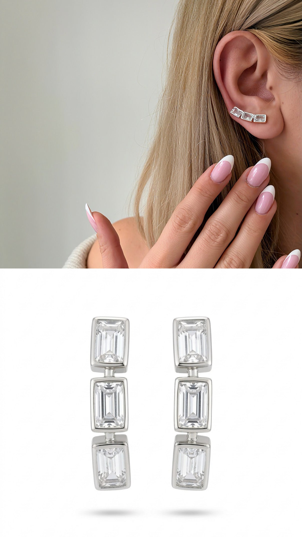 Silver Emerald Cut Cz Triple Stone Ear Climber Earrings wholesale jewelry VIP 14K EARRINGS  Catwalk Jewellery Europe