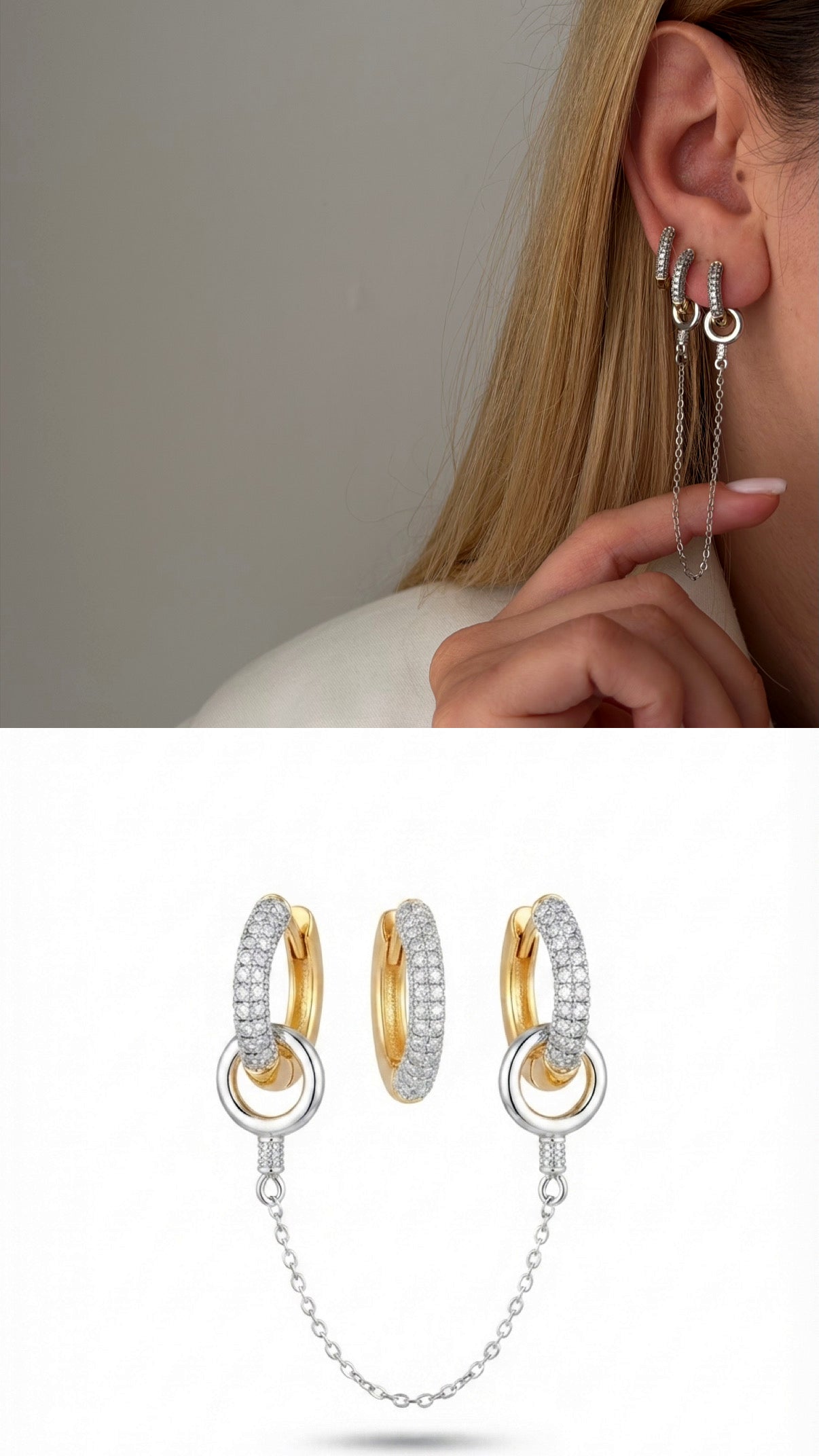 Two Tone Cz Pave Interlocking Circle Drape Chain Huggie Hoop Set Of 3 wholesale jewelry VIP 14K EARRINGS  Catwalk Jewellery Europe