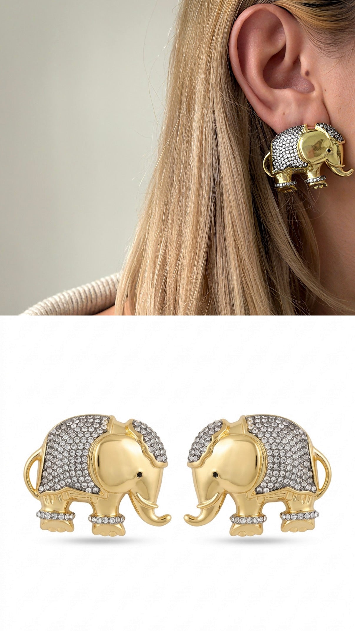 Gold Sculptural Elephant Motif Cz Pave Statement Stud Earrings wholesale jewelry VIP 14K EARRINGS  Catwalk Jewellery Europe
