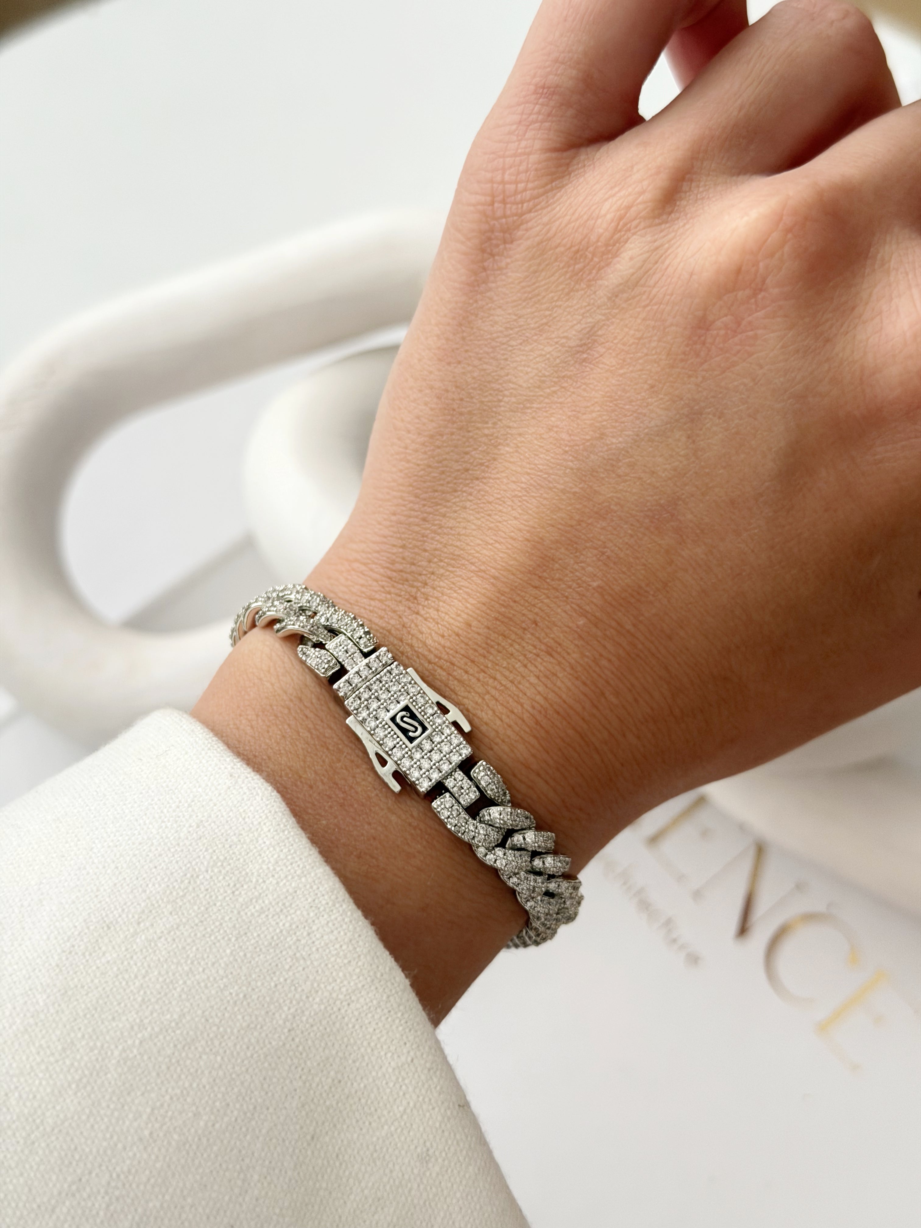 Silver Iced Out Cz Pave Curb Chain Bracelet With S Logo Clasp wholesale jewelry BRACELETS  Catwalk Jewellery Europe