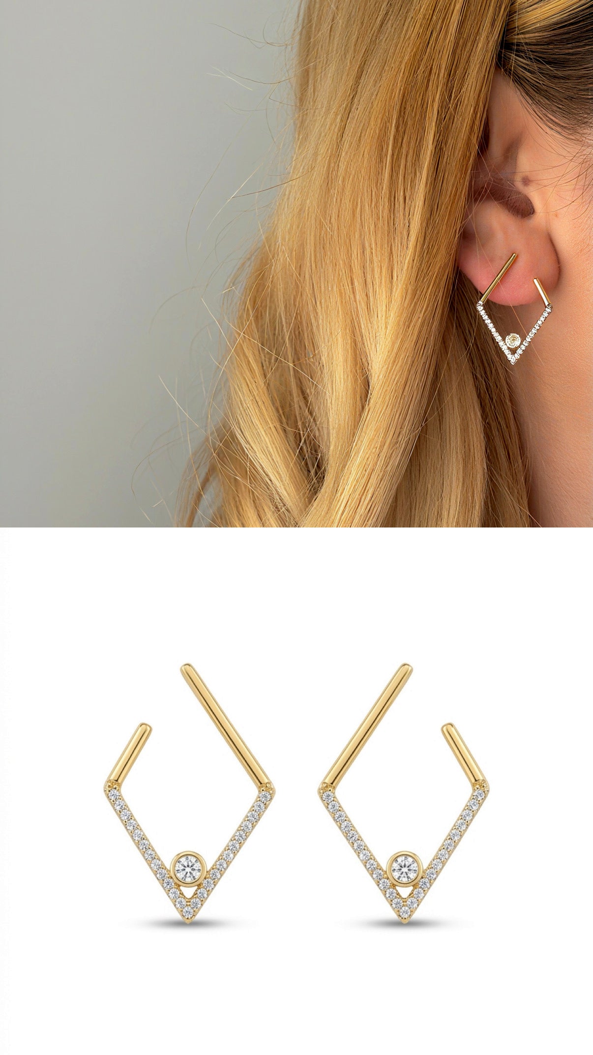 Gold Cz Pave Geometric Rhombus Front To Back Earrings wholesale jewelry VIP 14K EARRINGS  Catwalk Jewellery Europe