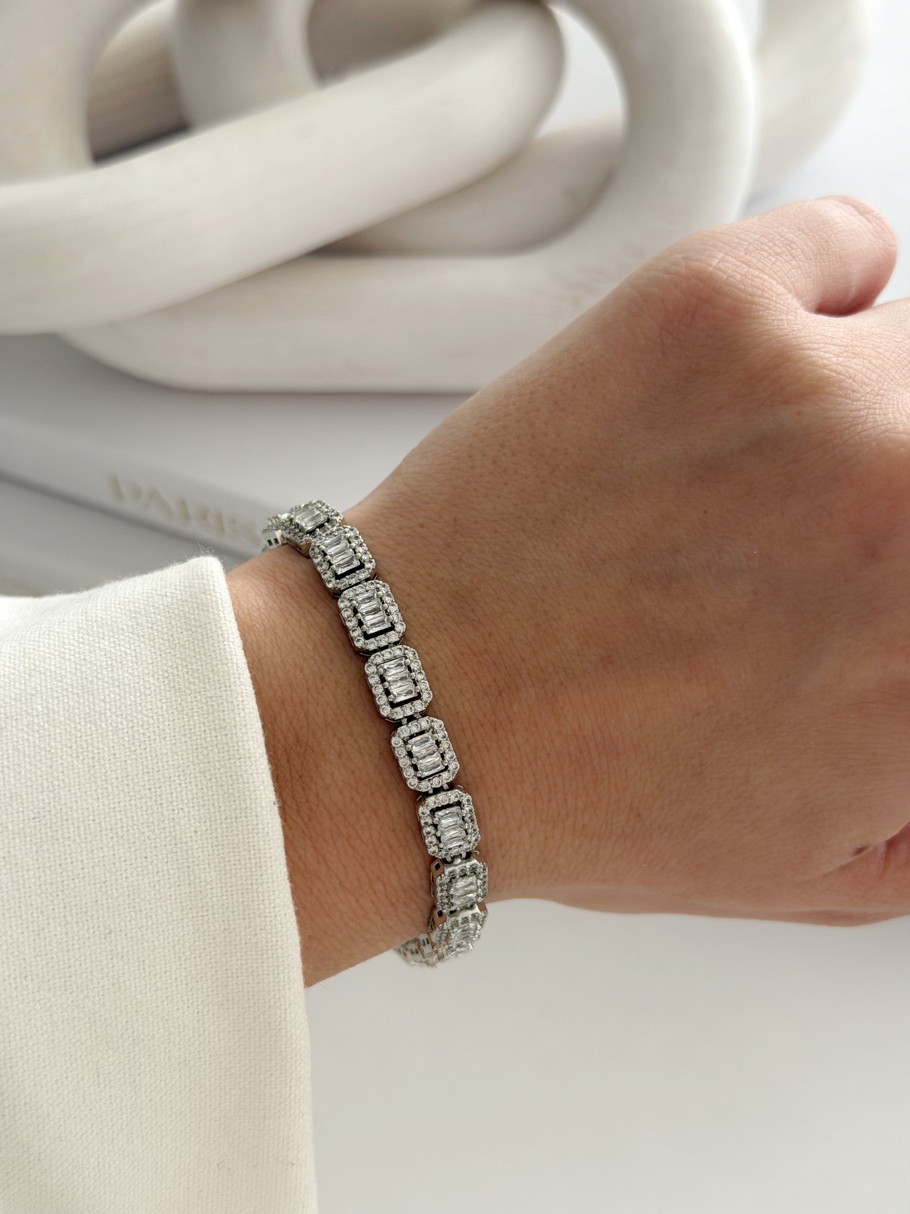 Silver Cz Pave Baguette Cushion Halo Link Bracelet wholesale jewelry BRACELETS  Catwalk Jewellery Europe