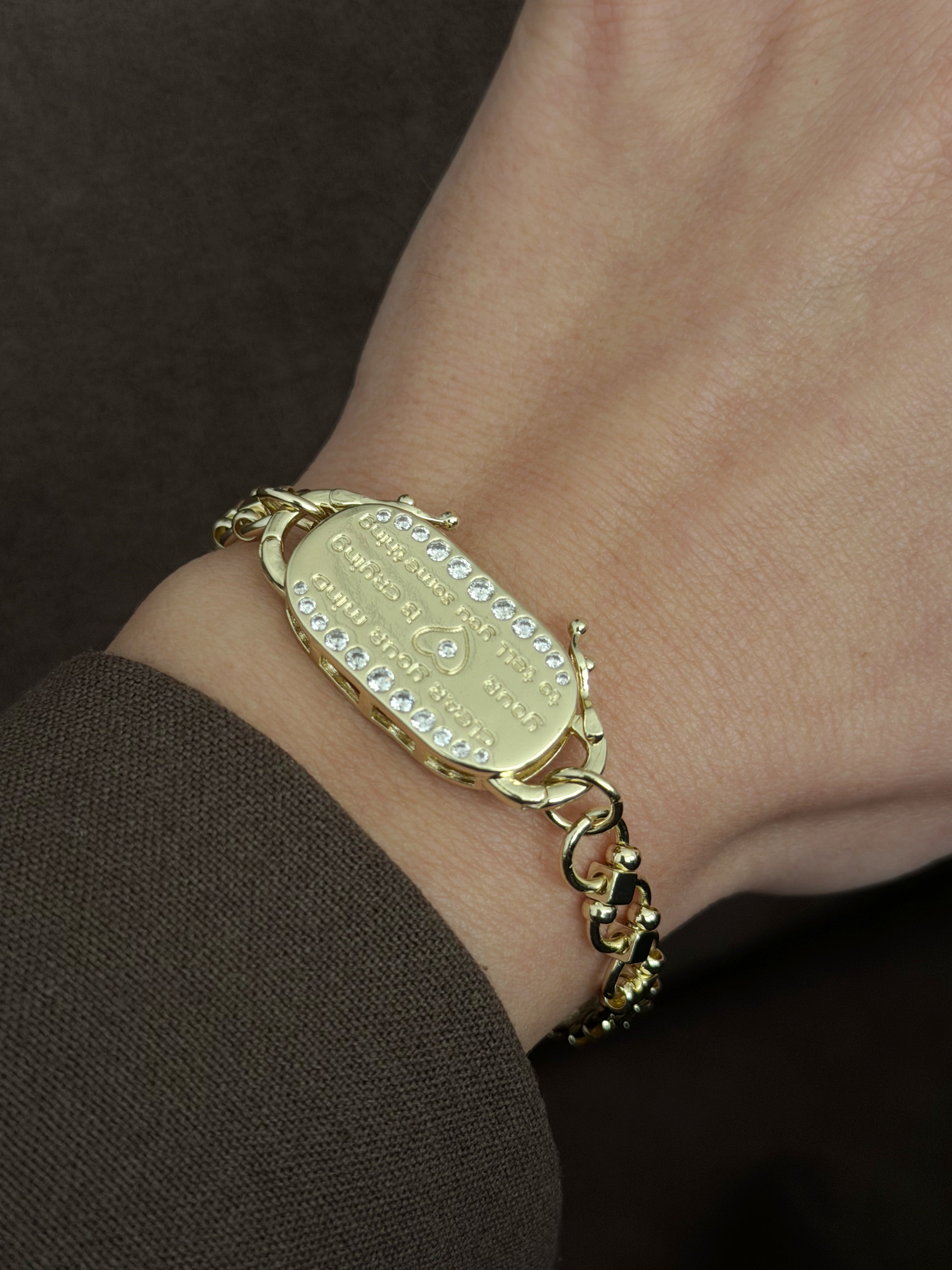Gold Cz Accent Engraved Quote Oval Plaque Link Bracelet wholesale jewelry BRACELETS  Catwalk Jewellery Europe