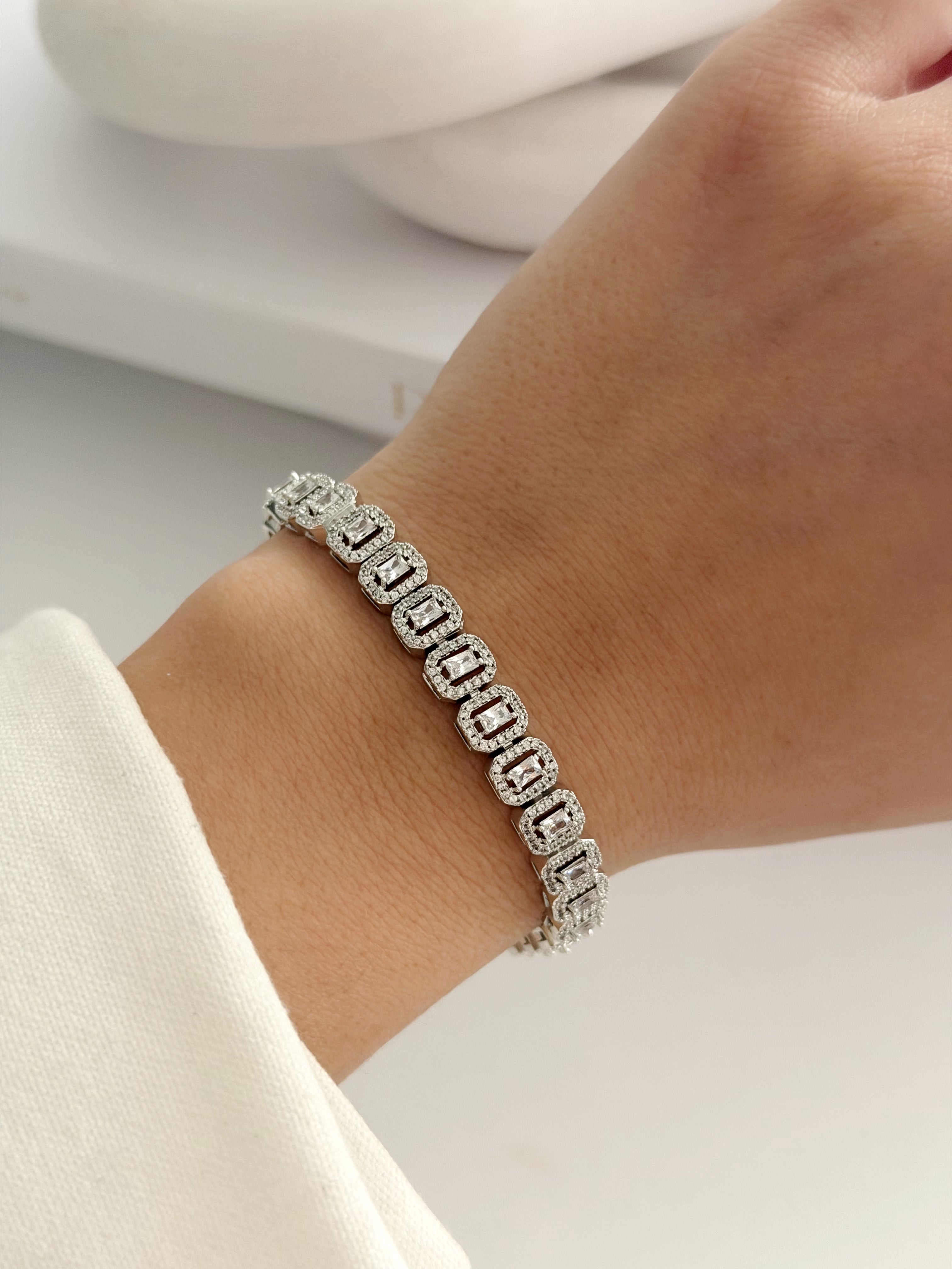 Silver Cz Pave Emerald Cut Halo Tennis Bracelet wholesale jewelry BRACELETS  Catwalk Jewellery Europe