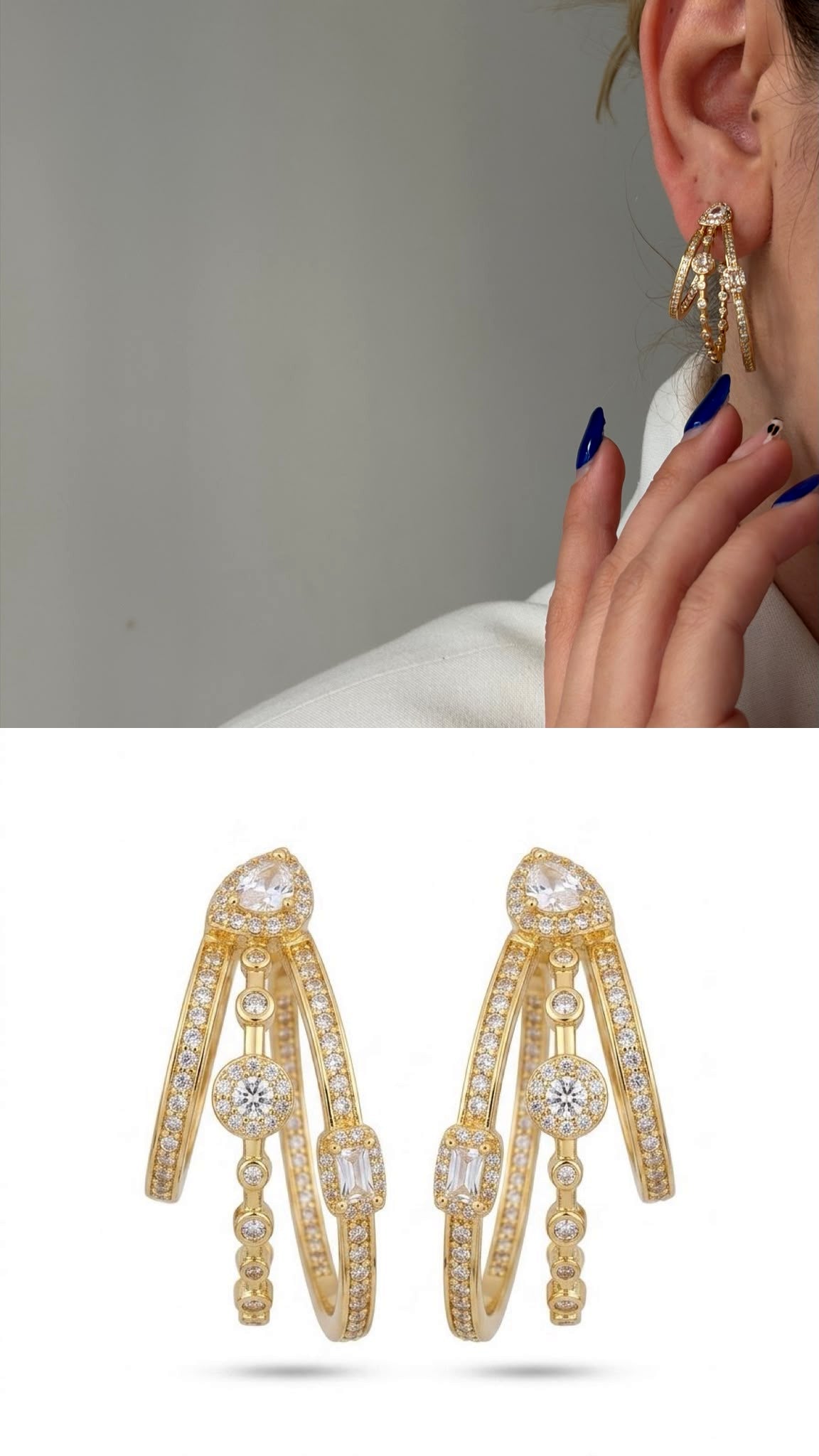 Gold Cz Pave Layered Triple Hoop Mixed Cut Station Statement Earrings wholesale jewelry VIP 14K EARRINGS  Catwalk Jewellery Europe