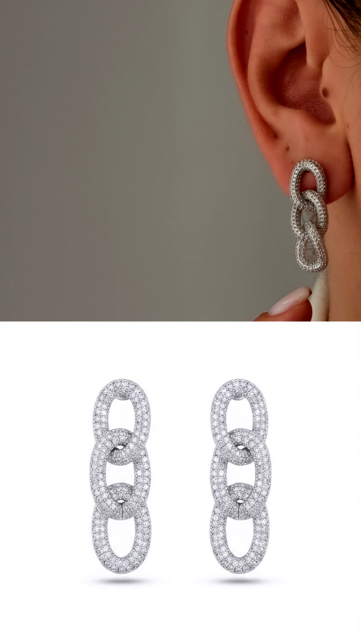 Silver Cz Pave Oval Link Mariner Chain Dangle Statement Earrings wholesale jewelry VIP 14K EARRINGS  Catwalk Jewellery Europe