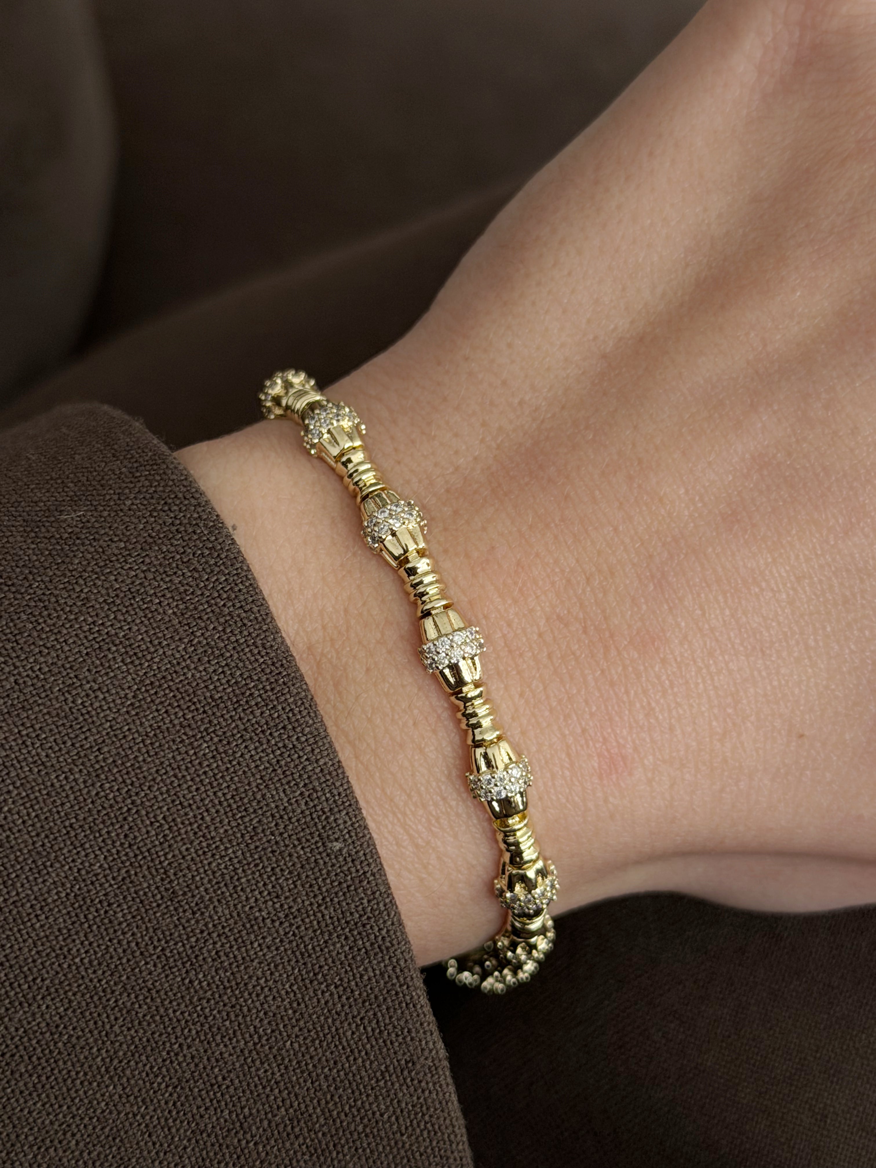 Gold Cz Pave Ribbed Cylindrical Bar Link Bracelet wholesale jewelry BRACELETS  Catwalk Jewellery Europe