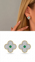 Two Tone Cz Pave Emerald Center Clover Stud Earrings V2 wholesale jewelry VIP 14K EARRINGS  Catwalk Jewellery Europe