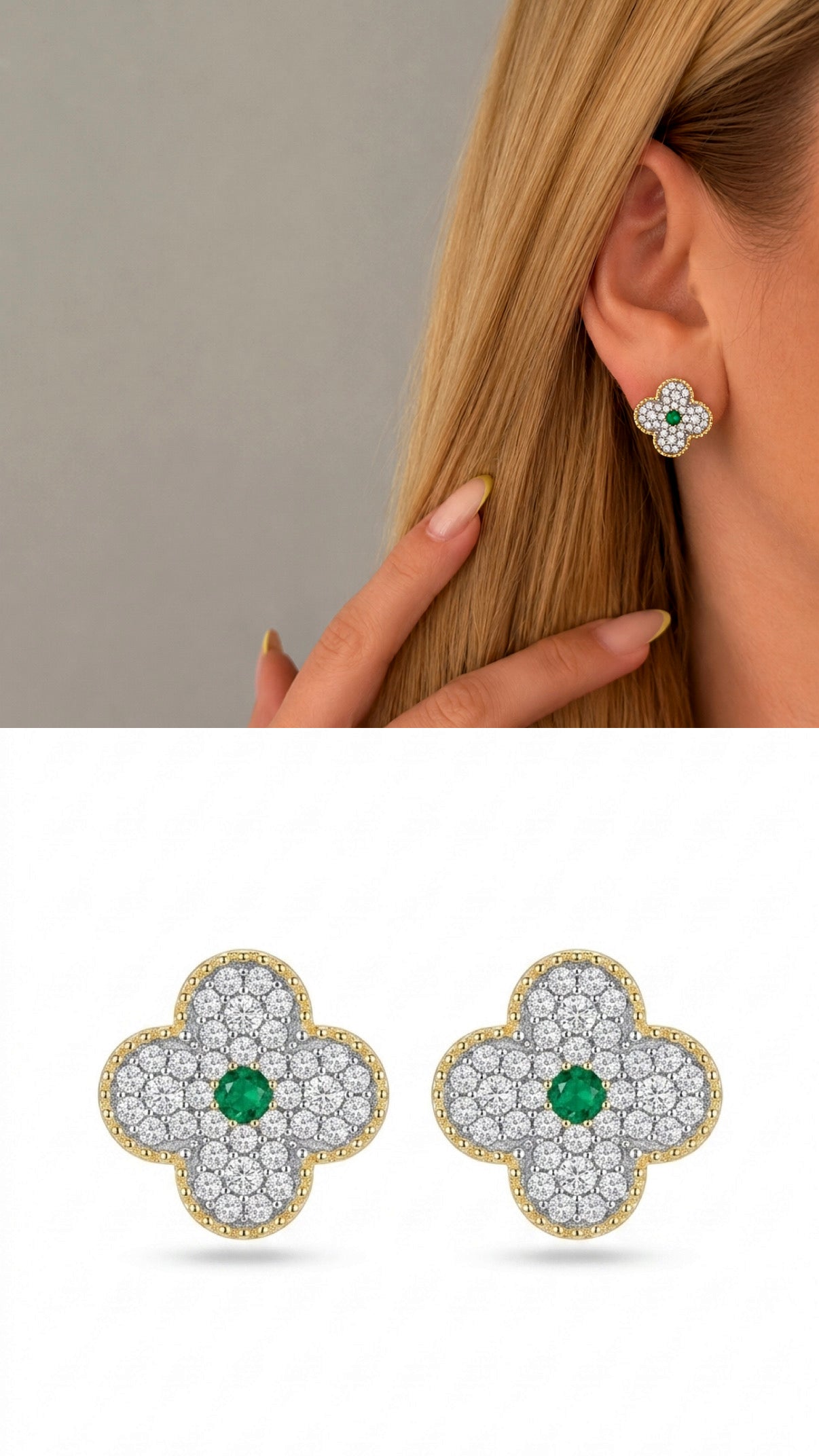 Two Tone Cz Pave Emerald Center Clover Stud Earrings V2 wholesale jewelry VIP 14K EARRINGS  Catwalk Jewellery Europe