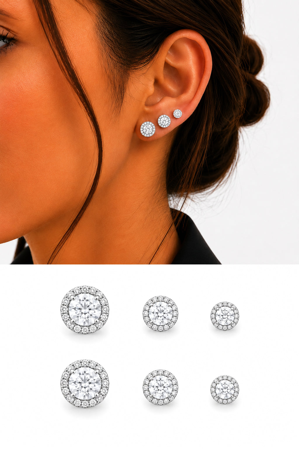 Silver Cz Pave Round Cut Halo Graduated Stud Earring Set Of 3 wholesale jewelry VIP 14K EARRINGS  Catwalk Jewellery Europe
