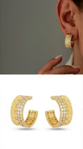 Gold Molten Texture Half Hoop Cz Pave Border Late Summer Statement Earrings wholesale jewelry VIP 14K EARRINGS  Catwalk Jewellery Europe