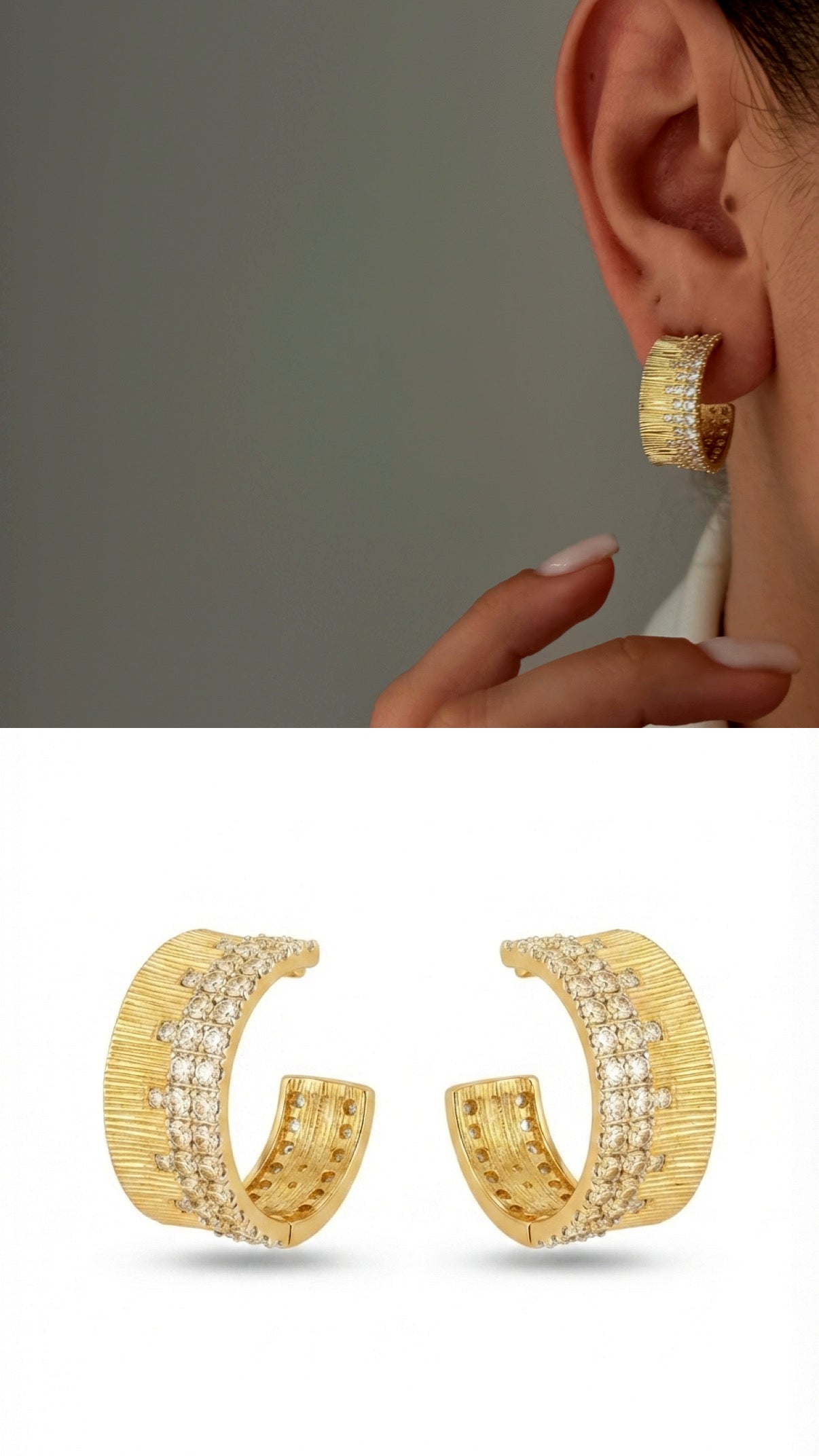 Gold Molten Texture Half Hoop Cz Pave Border Late Summer Statement Earrings wholesale jewelry VIP 14K EARRINGS  Catwalk Jewellery Europe