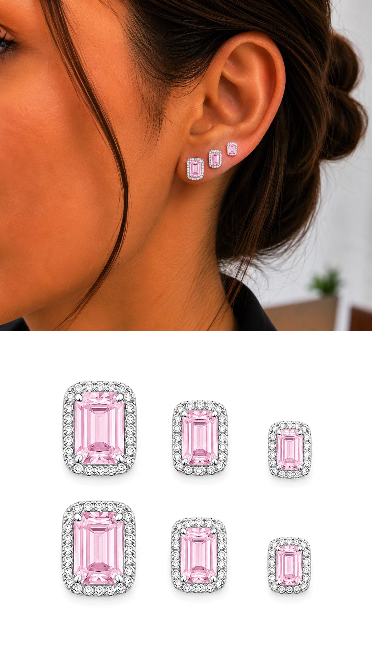 Silver Pink Emerald Cut Cz Halo Graduated Stud Earring Set Of 3 wholesale jewelry VIP 14K EARRINGS  Catwalk Jewellery Europe