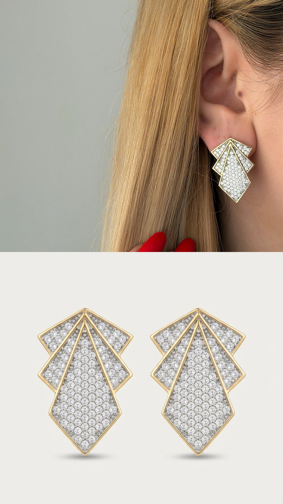Gold Cz Pave Layered Geometric Shield Stud Earrings wholesale jewelry VIP 14K EARRINGS  Catwalk Jewellery Europe