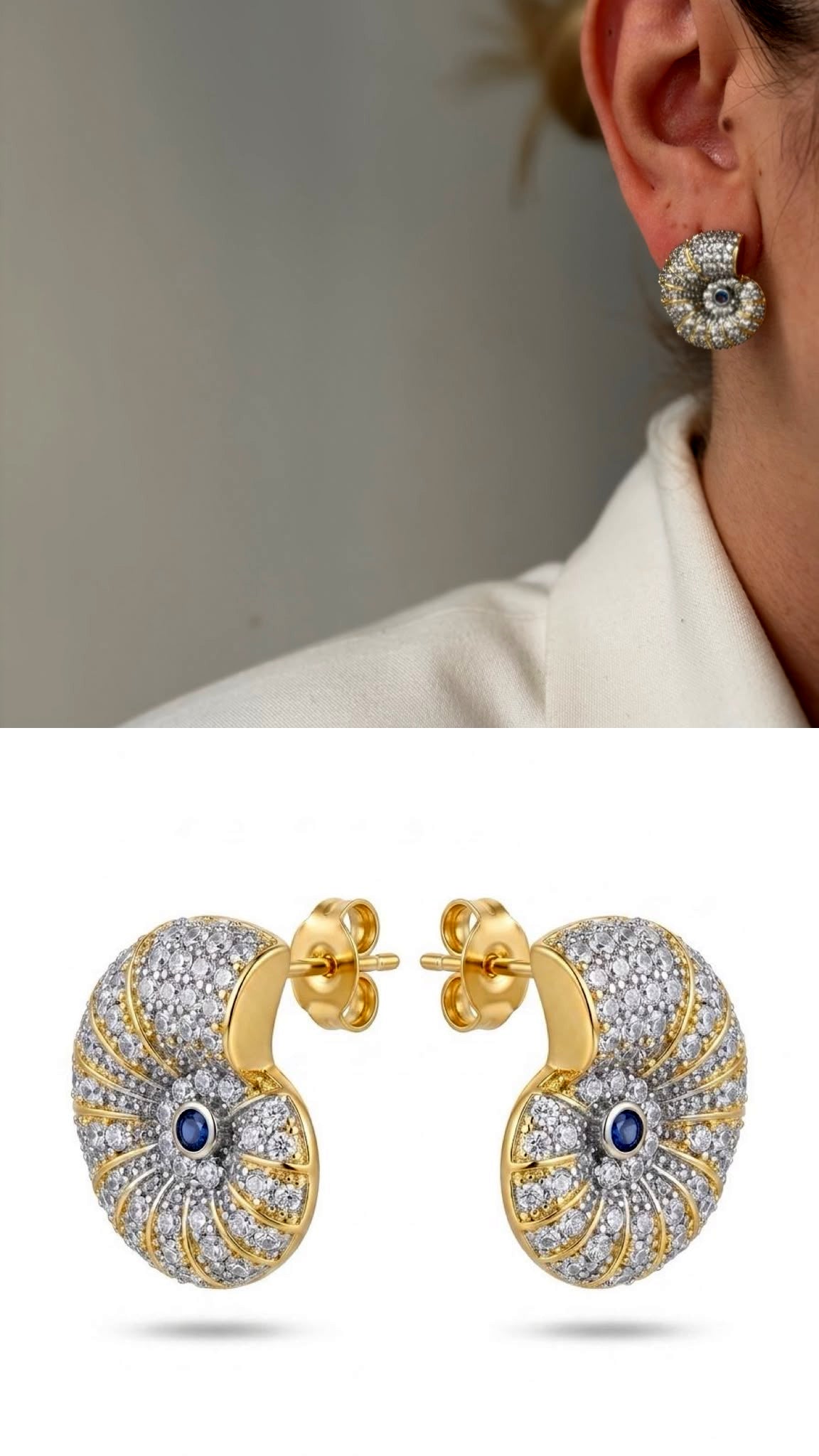 Two Tone Nautilus Shell Cz Pave Sapphire Accent Siren Chic Aesthetic Stud Earrings wholesale jewelry VIP 14K EARRINGS  Catwalk Jewellery Europe